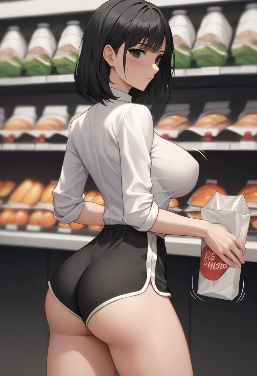 masterpiece, best quality, 1girl, food, solo, skirt, shop, indoors, jacket, shopping, jewelry, shirt, shelf, short hair, black hair, plaid skirt, black jacket, yellow eyes, looking at viewer, standing, (no panties, ass, butt crack, bottomless:1.4, microskirt), (shiny skin:1.2),