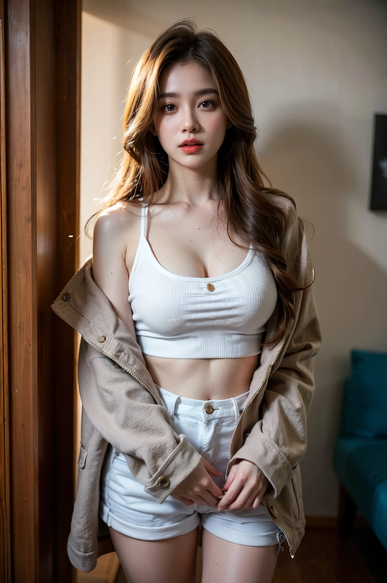 1girl,sitting on a cozy couch,crossing legs,soft light, the most beautifull girl in the entire universe , (long hair), ((big breast: 1.4)) , wearing jacket, middle finger