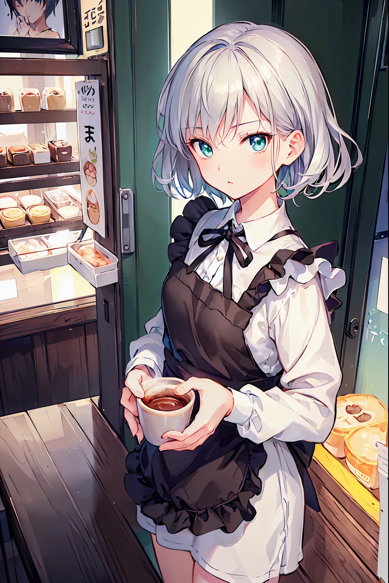 (Masterpiece:1.2), ( best quality :1.2), super high definition , very detailed, character sheet , perfect eyes, perfect face , PERFECT LIGHTING , ((Anime girl working part time at a cafe)), Shooting from above, Dreamy Girl , (1 person,, boyish, , ************:1.3), full finger,The allure of androgyny, ( gray hair), Small green eyes, thin and beautiful eyes, Well-balanced Iris and Eyes , Expressive Eyes , captivating and detailed lips , high-resolution detailed hair, apron,Cat hairpin, coffee shop, Gweiz-style artwork, Makoto Shinkai' art style , Portrait of Roffey, digital animation art , Makoto Shinkai style, Lofi Girl , anime style illustration , ロフィ art style , animated illustration