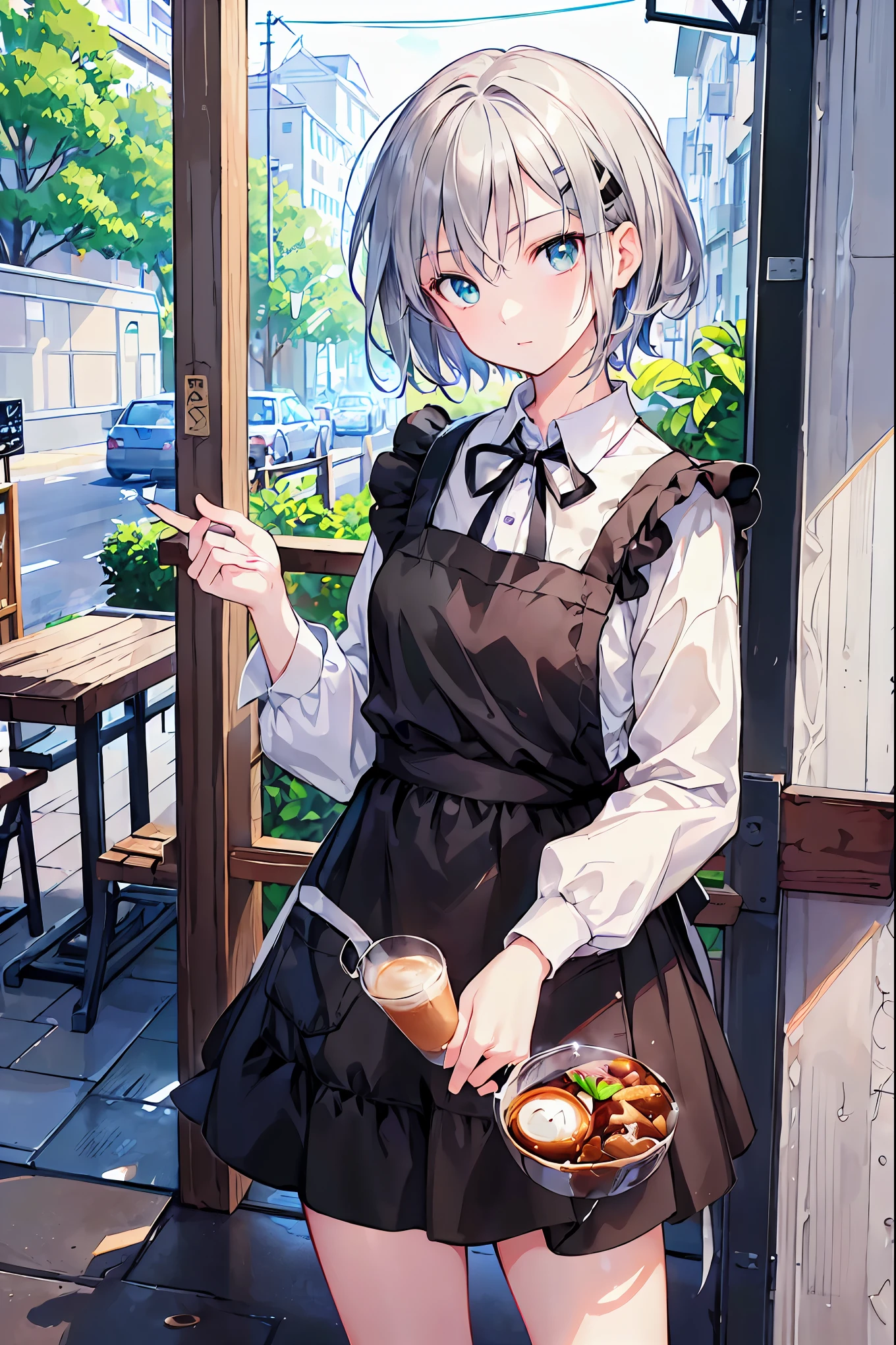 (Masterpiece:1.2), ( best quality :1.2),   super high definition ,  very detailed,  character sheet , perfect eyes,  perfect face ,  PERFECT LIGHTING , ((Anime girl working part time at a cafe)), Shooting from above, Dreamy Girl , (1 person,, boyish, , ************:1.3), full finger,The allure of androgyny, ( gray hair), Small green eyes,  thin and beautiful eyes,  Well-balanced Iris and Eyes ,  Expressive Eyes ,   captivating and detailed lips  , high-resolution detailed hair,  apron,Cat hairpin,  coffee shop,  Gweiz-style artwork, Makoto Shinkai&#39; art style , Portrait of Roffey,   digital animation art , Makoto Shinkai style,  Lofi Girl ,  anime style illustration , ロフィ art style ,  animated illustration 