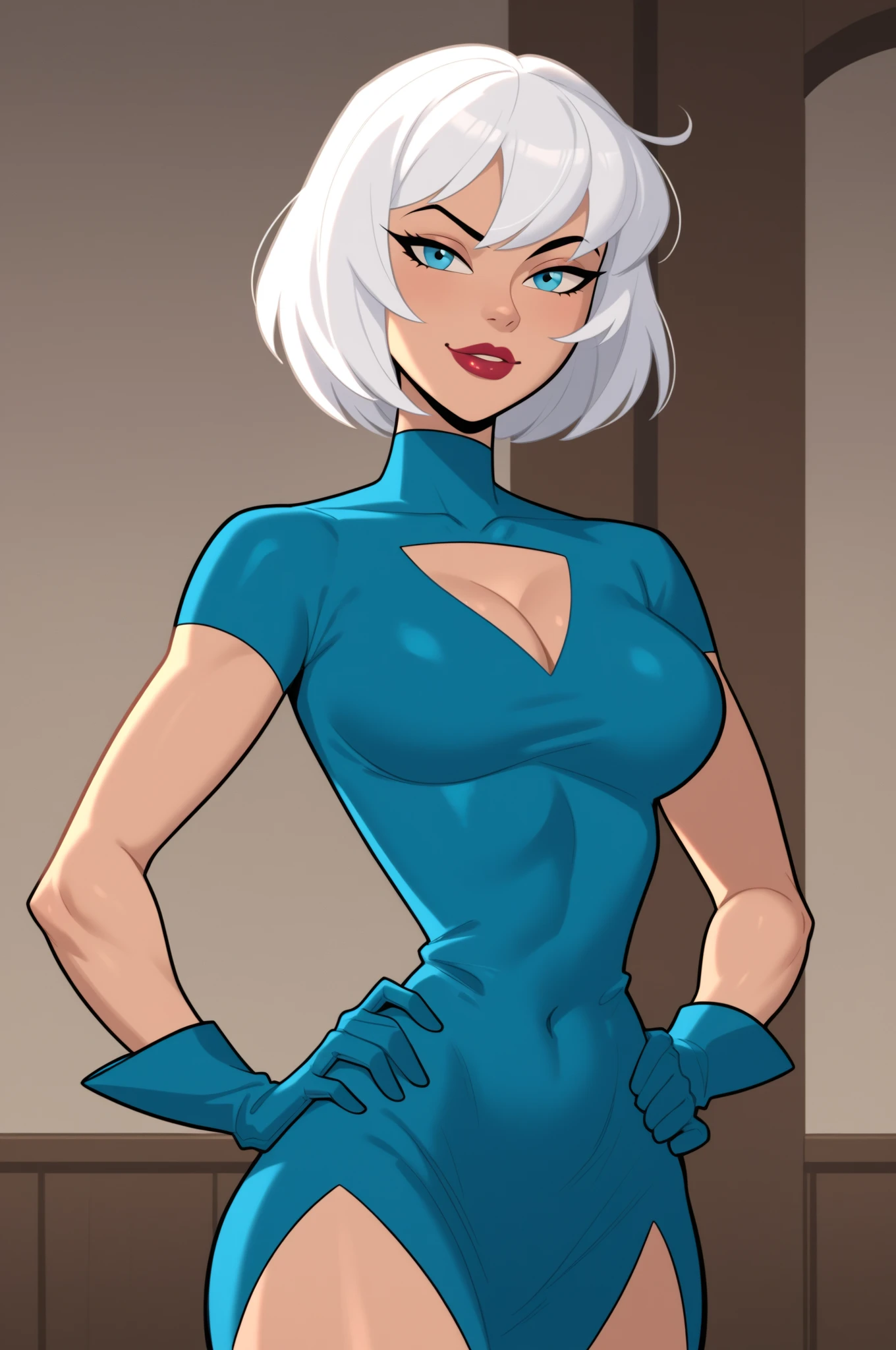 woman, medium breasts, nipples, white hair, long hair, choker, nude, jewelry, navel, hoop earrings, lips, blue eyes, grey gloves, smile, white thighhighs, looking at viewer, female pubic hair, flat color, bathroom, masterpiece, best quality, absurdres