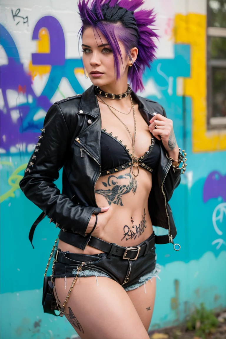 (work of art, best qualityer:1.2), 1 girl ,intrincately detailed, "Punk Girl", in dynamic pose, ((spike mohawk hair, punk hair, wearing a black jacket, chains, Rocket style, tattooed , (((hot Body))) , abs)) . Shallow depth of field, vignette, highy detailed, high budget, bokeh, cinemascope, temperamental, epic, marvelous, film grain, grainy. ((Abandoned grafitti wall background)).