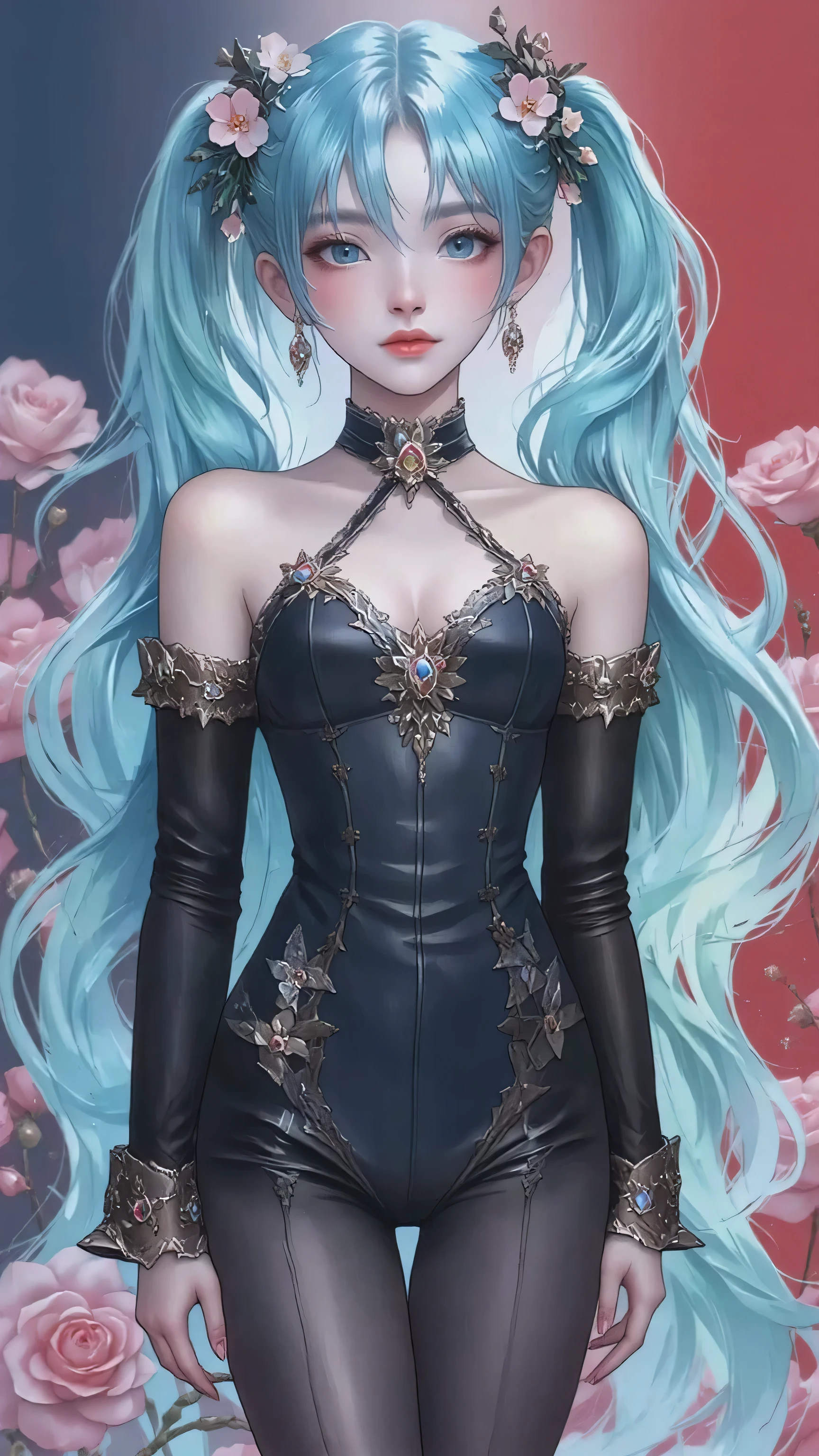 At a spring party a beautiful vampire walks through a garden on a clear night. She wears a garland of flowers in her hair, she has cold eyes and her skin lacks pigment, she wears a long, sober dress with a sweetheart neckline.