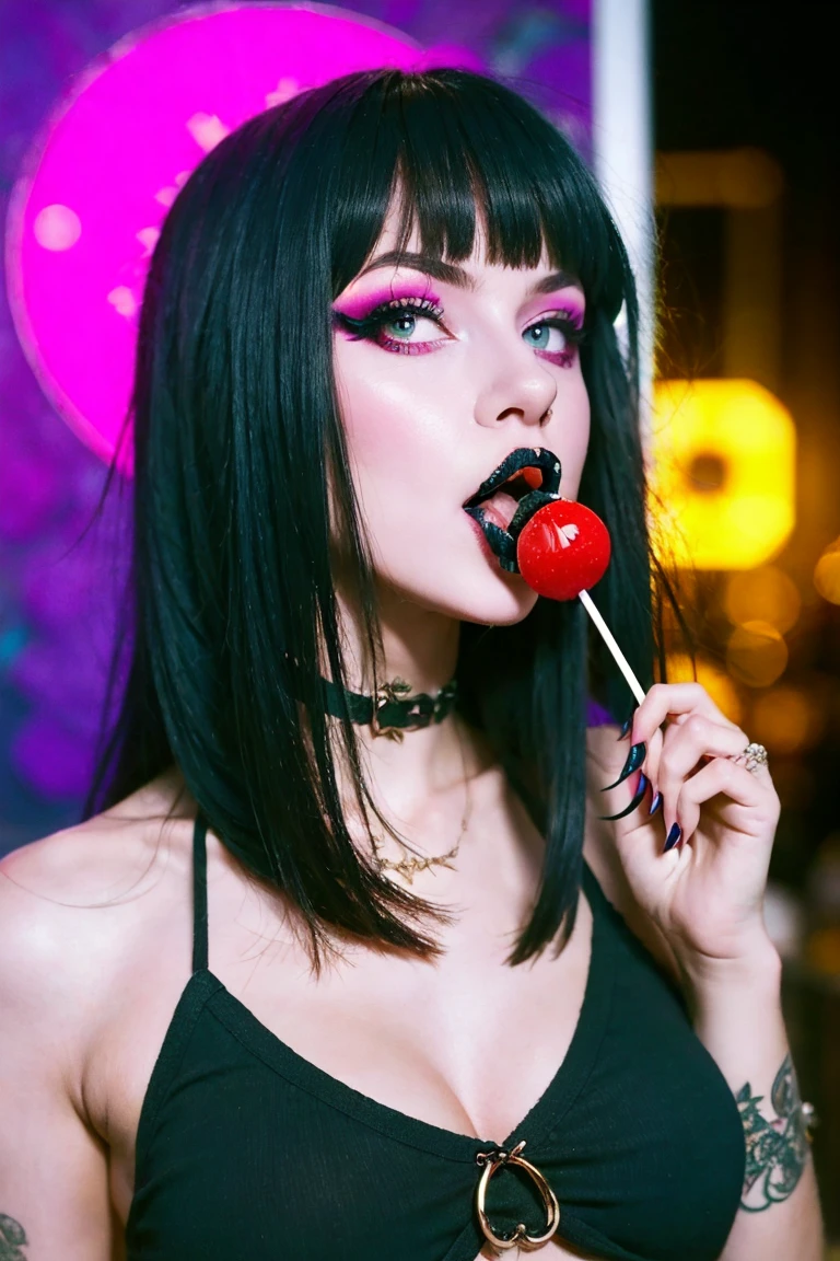 (work of art, best qualityer:1.2), 1 girl, standing alone, high qualiy raw photograph of a young (((goth girl, licking a red lollipop ,holding lollipop on hand))) , ((cut hair with bangs, heavy makeup )), vibrant neon colors, cool sunglasses, silhuette, gazing at viewer, praise, ultra HD, precise, texturized skin, super detaill, High details, high qualiy, high resolution, 1080P, 4K