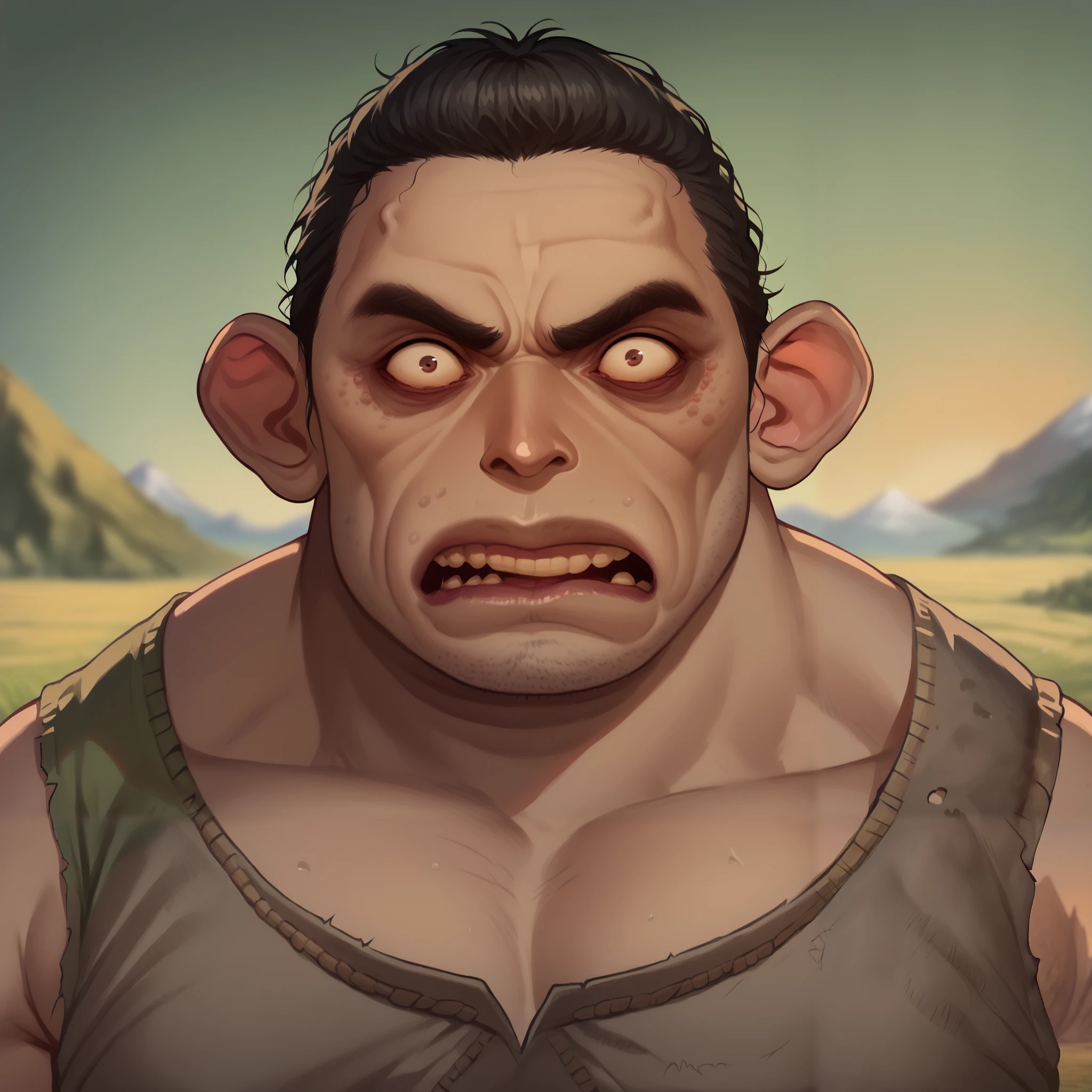 (((beautiful, high quality, comics style, detailed face))), score_9, score_8_up, score_7_up, BREAK, bust shoot, solo, male troll, monster, (tall, fat, obese, muscular), ((big nose)), dark skin tone:1.4, Black short hair, (beard), square jaw, thick lips, thick eyebrows, ((crazy eyes, angry, yelling)), barbarian clothes, (ugly man), (summer, green field, mountainous horizon), blurred background, DeepNegative_xl_v1, detailxl, zPDXL2