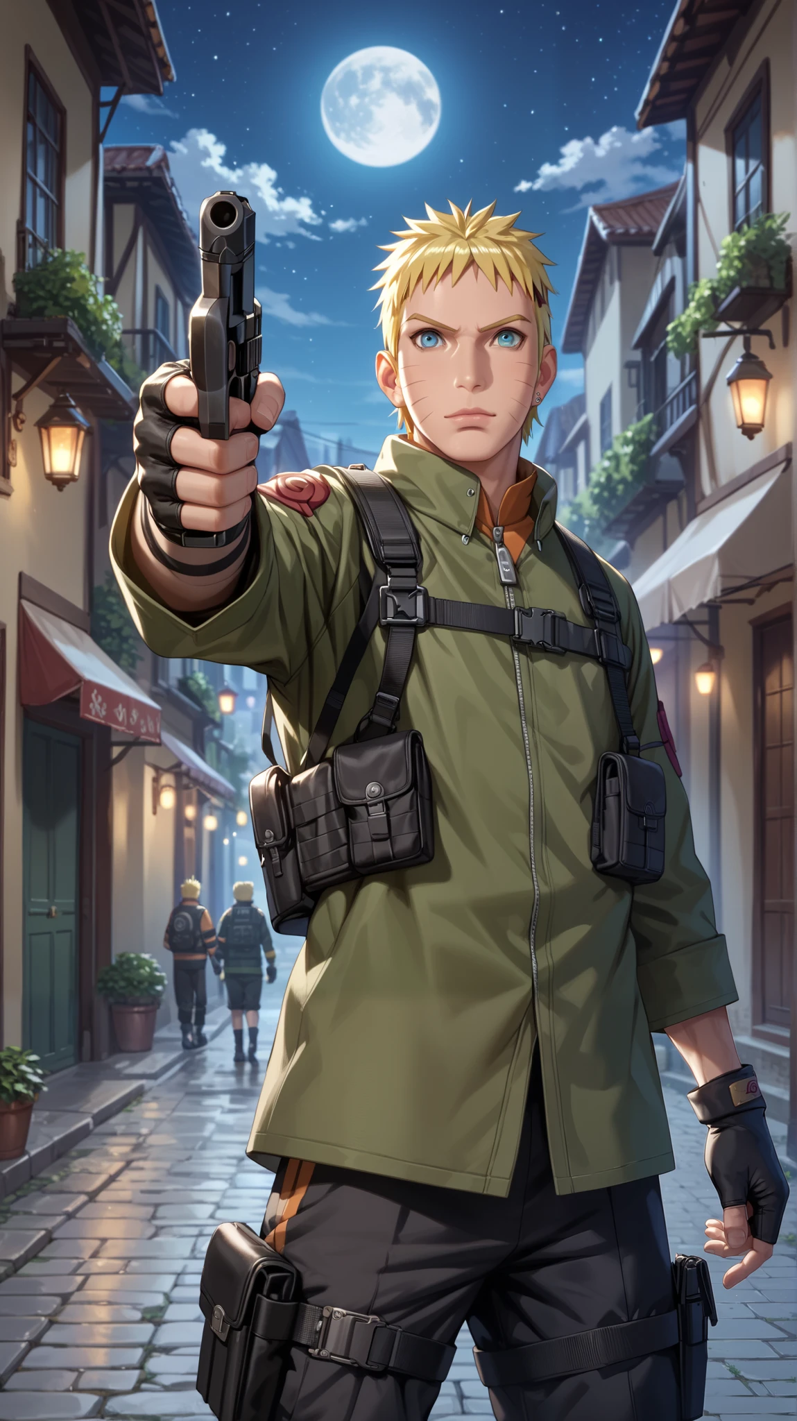 Score_9, Score_8_up, Score_7_up, Score_6_up, Score_5_up, Score_4_up, Source_anime, Tag1, Tag2, quality_masterpiece, Anatomically correct, athletic torso, fit build, mature male, Naruto, hip-hop elements, BREAK action_standi g, pose_pointing, night, dark alleyway, moon, stars, pointing a gun, black tactical suit, Looking at viewer, 