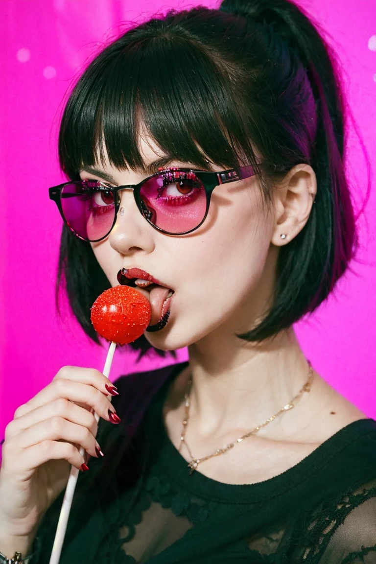 (work of art, best qualityer:1.2), 1 girl, standing alone, high qualiy raw photograph of a young (((goth girl, licking a red lollipop ,holding lollipop on hand))) , ((cut hair with bangs)), vibrant neon colors, cool sunglasses, silhuette, gazing at viewer, praise, ultra HD, precise, texturized skin, super detaill, High details, high qualiy, high resolution, 1080P, 4K