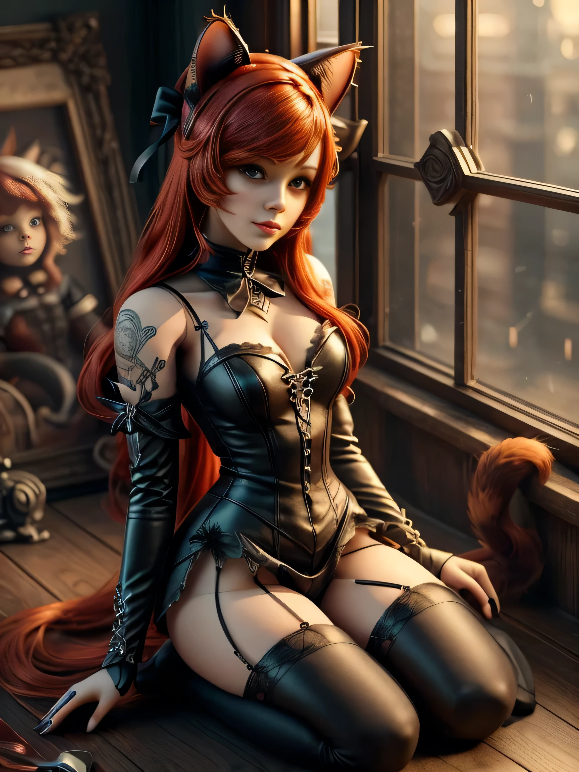 there is a doll with red hair and a cat ears, full body of a goth catgirl, dollpunk, artdoll, [ trending on cgsociety ]!!, beautiful young catgirl, wlop loish and clamp style, cgsociety ), cgsociety - w 1 0 2 4 - n 8 - i, cgsociety 9, bjd, cgsociety