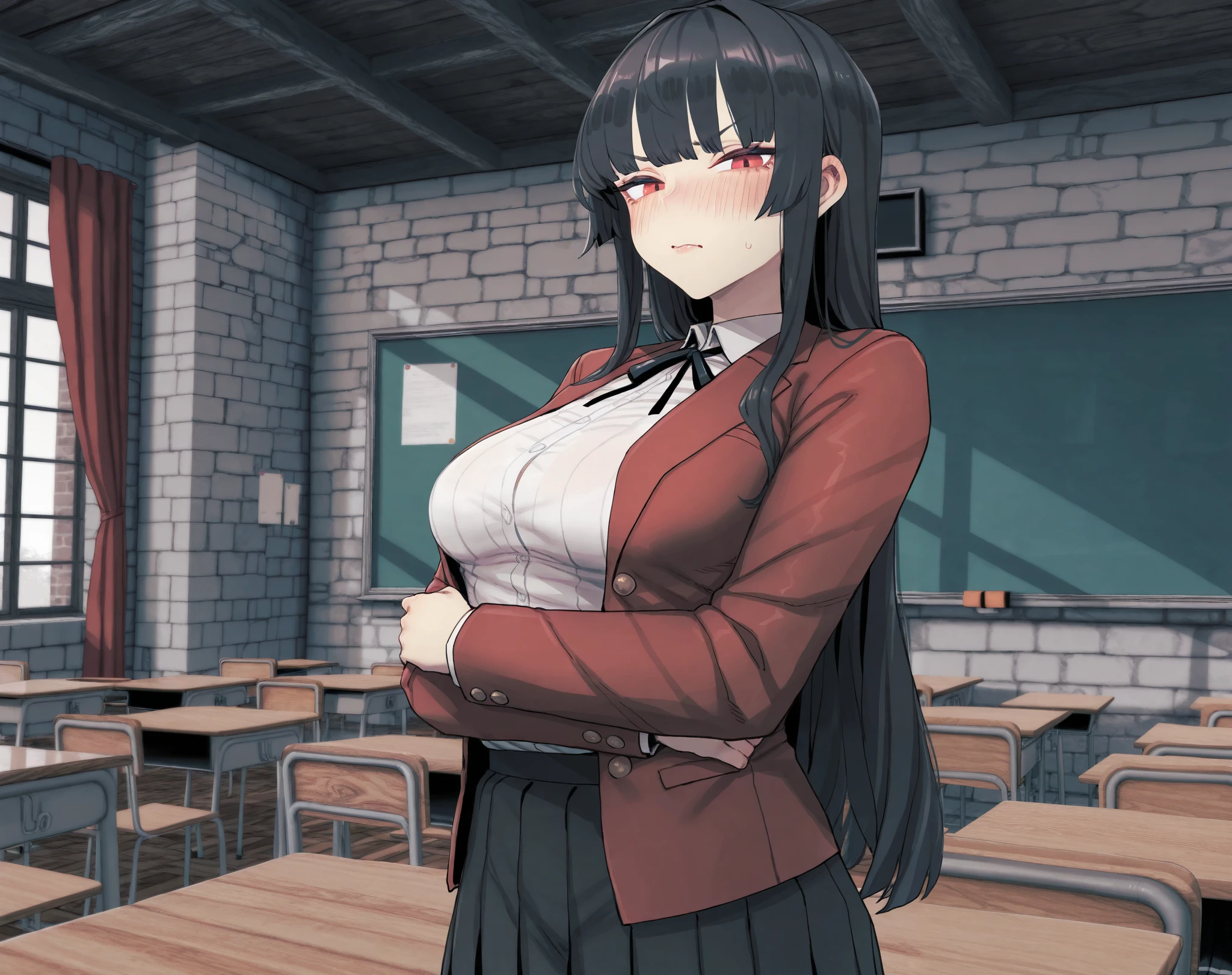 masterpiece, best quality, bee_(deadflow) style, mature, solo, 1girls, fantasy, black hair, hime cut, red eyes, blush, medium breasts, tsundere, school uniform, red blazer, white shirt, pleated skirt, black skirt, indoors, classroom, stone walls, medieval fantasy, looking at viewer, tsundere, blush, flustered, buttoned up, upper body, scowl