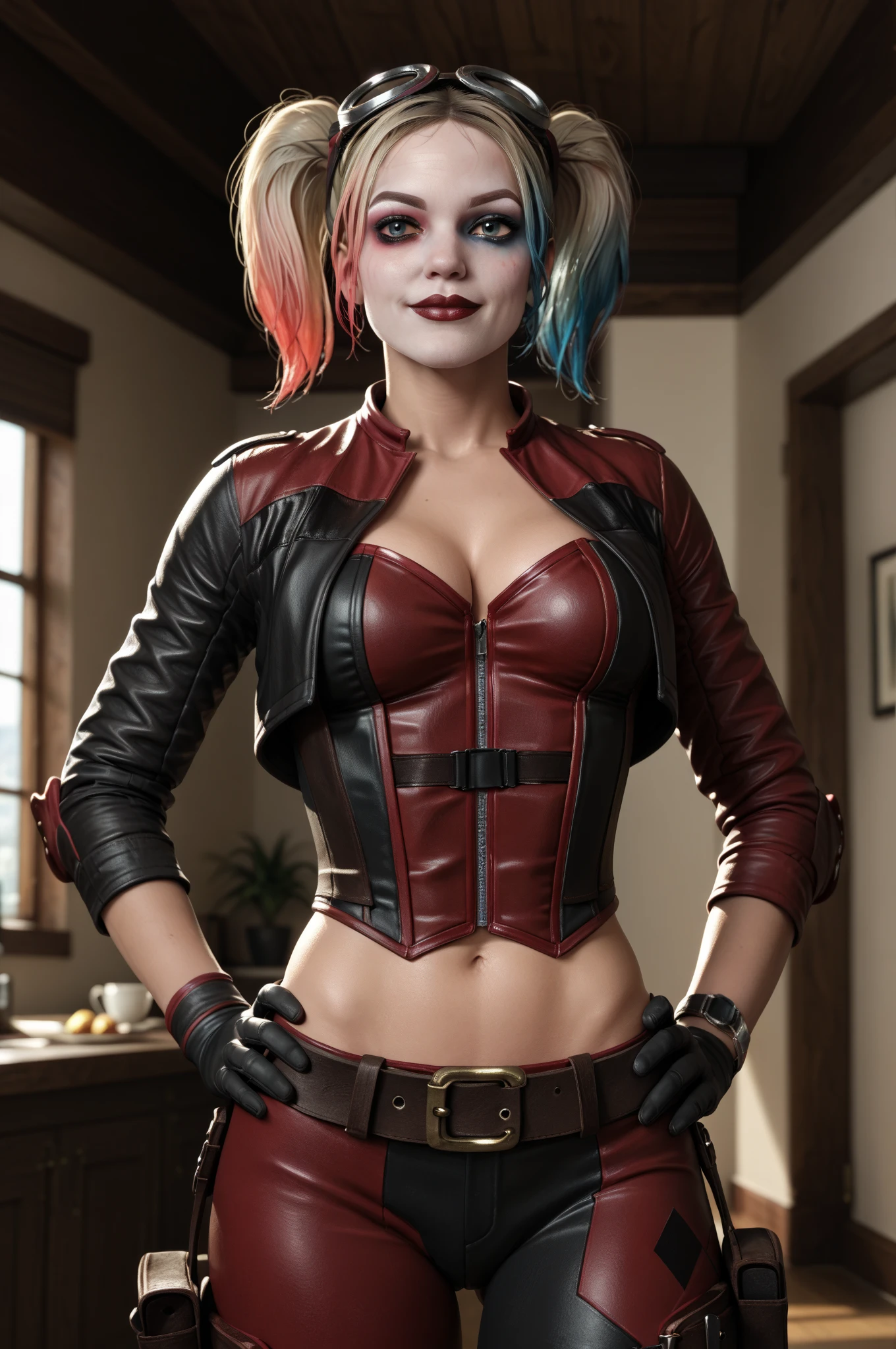 a photorealistic woman, miss Harley Quinn, very slim body, leather outfit, provocative, rebellious, dominatrix, mistress, detailed face, beautiful detailed eyes, beautiful detailed lips, extremely detailed eyes and face, long eyelashes, full body shot, close-up, Harley Quinn's home interior, sexual atmosphere, dramatic lighting, moody colors, high quality, cinematic, masterpiece