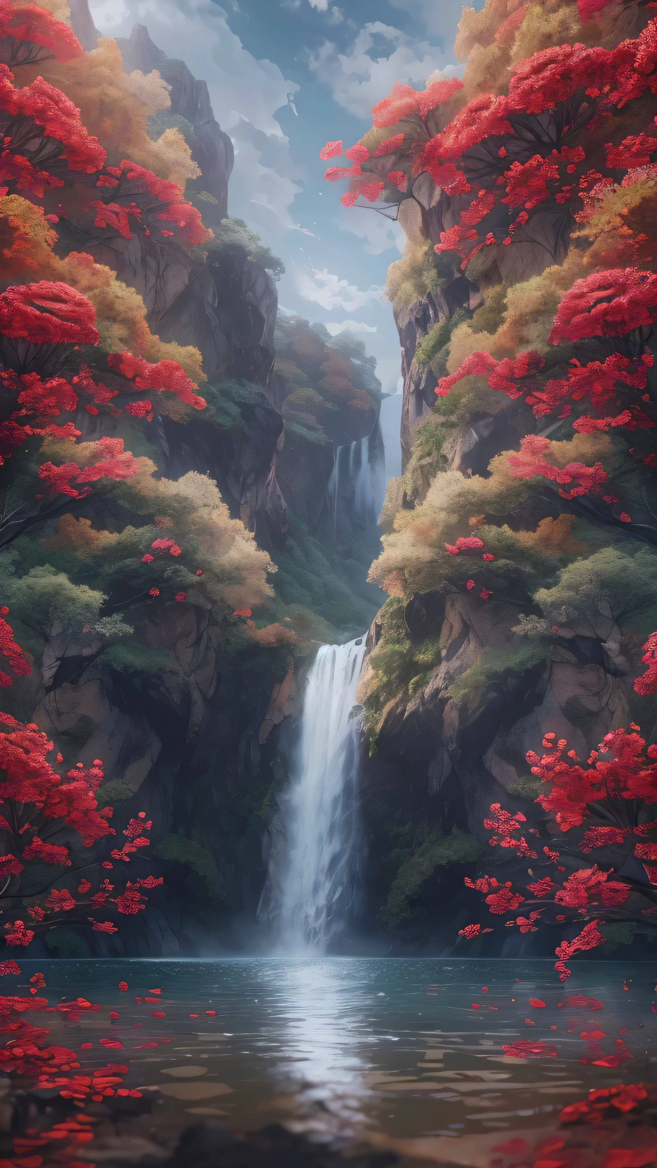 Masterpiece, 最 High Quality , High Quality , More CG Unity 8k Wallpaper , landscape, Outdoors, null, cloud, null, not human , Mountain, landscape, water, tree, blue null, waterfall, cliff, nature, lake, river , cloudy skies, 切り立ったcliff、 Award-winning photo, Bokeh, red vest with decorations , high resolution ,Red Blooming Roses , Color Difference, photorealism , tall Highly detailed , art station trend, CGSociety Trends , complicated , high detail, dramatic, Art You Can Enjoy Anytime
