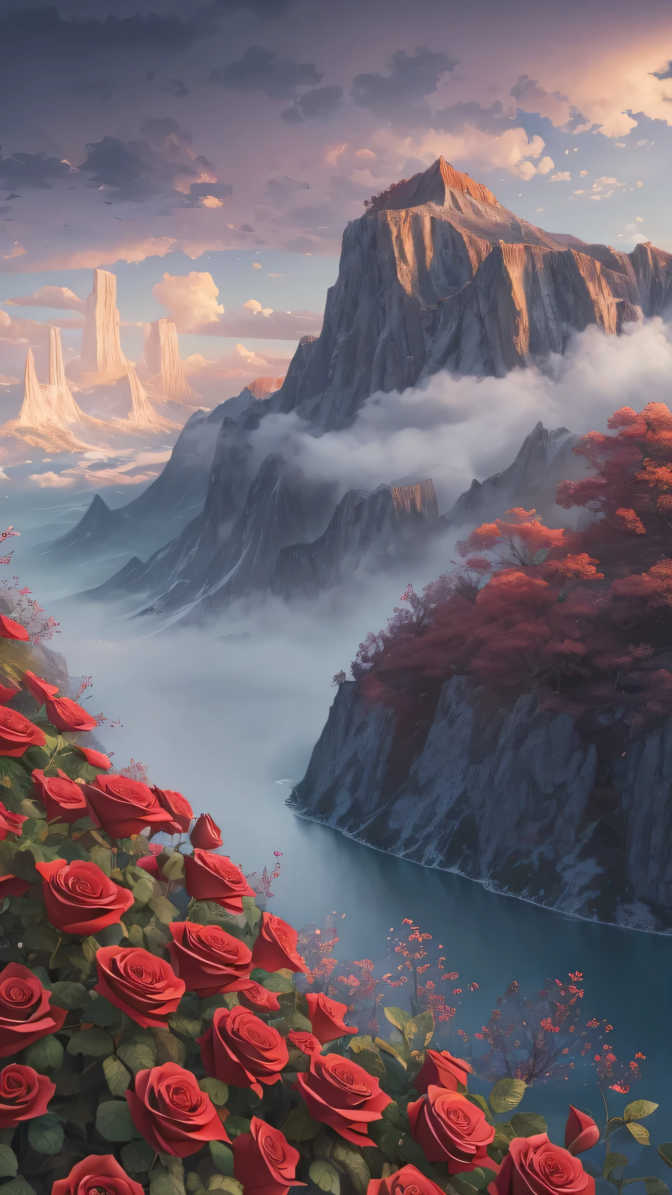 Masterpiece, 最 High Quality , High Quality , More CG Unity 8k Wallpaper , landscape, Outdoors, null, cloud, null, not human , Mountain, landscape, water, tree, blue null, waterfall, cliff, nature, lake, river , cloudy skies, 切り立ったcliff、 Award-winning photo, Bokeh, red vest with decorations , high resolution ,Red Blooming Roses , Color Difference, photorealism , tall Highly detailed , art station trend, CGSociety Trends , complicated , high detail, dramatic, Art You Can Enjoy Anytime