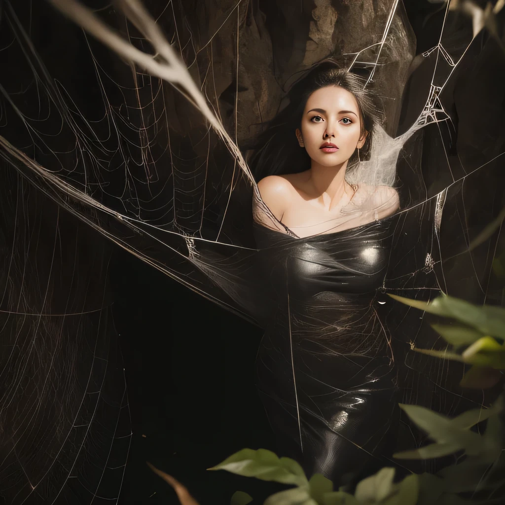 A girl trapped in a giant spider web, in the jungle, glistening silk strands, intricate spider-like details, back, delicate and helpless appearance, full body wide shot, terrified expression, struggling to break free, caught in the web's sticky threads, struggling against her restraints, desperate and frightened. The artwork is a photorealistic digital painting, with a focus on ultra-detailed rendering and realistic textures. The color palette is dark and ominous, with shades of black, gray, and deep red, adding to the horror and suspense. The lighting is dim, casting eerie shadows and emphasizing the trapped girl's fear, DOGGYSTYLE, The overall quality of the image is the best, with a resolution of 4k or higher, capturing every minute detail and showcasing the artist's mastery,nsfw