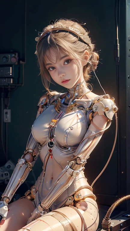 (((Masterpiece))), (((Best Quality))), ((ultra detailed)), (highly detailed CG illustration), ((an extremely delicate and beautiful)),(beautiful delicate face),cinematic light,((1 mechanical girl)),Alone,whole body,(machine made gaskets:1.4),((mechanical limbs)),(exploited muscles),(blood vessels connected to tubes),(A brain in a container:1.3),((mechanical vertebra attached to the back)),((mechanical cervical fixation to the neck)),((session)),Expressionless,(Wires and cables that attach to the head and body.:1.5),small breasts,short hair,(Character focus),Science fiction, (upper body, CG, UNITY, 8k, extremely detailed, the most beautiful artwork in the world, intricate details, high quality, hyper realistic, cinematic lighting, warm color palette, volumetric lighting, Photorealistic, masterpiece, vibrant colors, sharp focus)

