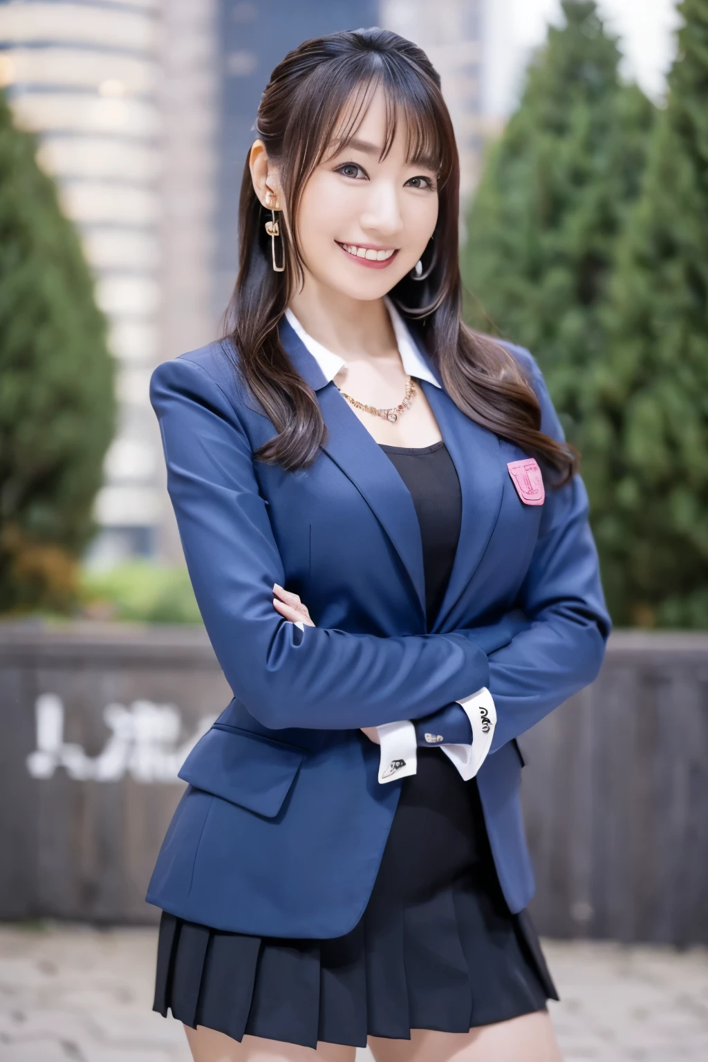 full body shot, from below, japanese mature, detailed face , Facial wrinkles, Wrinkles around the eyes, smile, Detailed skin texture , white skin, heavy makeup, long hair, curvy body, big breasts, (earrings, Necklaces , business suit, navy blue jacket, collar shirt, pink pleated micro miniskirt, black thighhighs:1.2), ( beautiful girl with a devilish smirk smirk and holding :1.2), ( full body shot from toe to head wearing black high heels, standing in the park:1.2), ( surrealism, best quality, ultra detailed, absolutely resolution, 8k, anatomically correct), depth of field, looking at viewer, tachi-e, (gal.safetensors), (drshe), full body, detailed face. mizuki nana