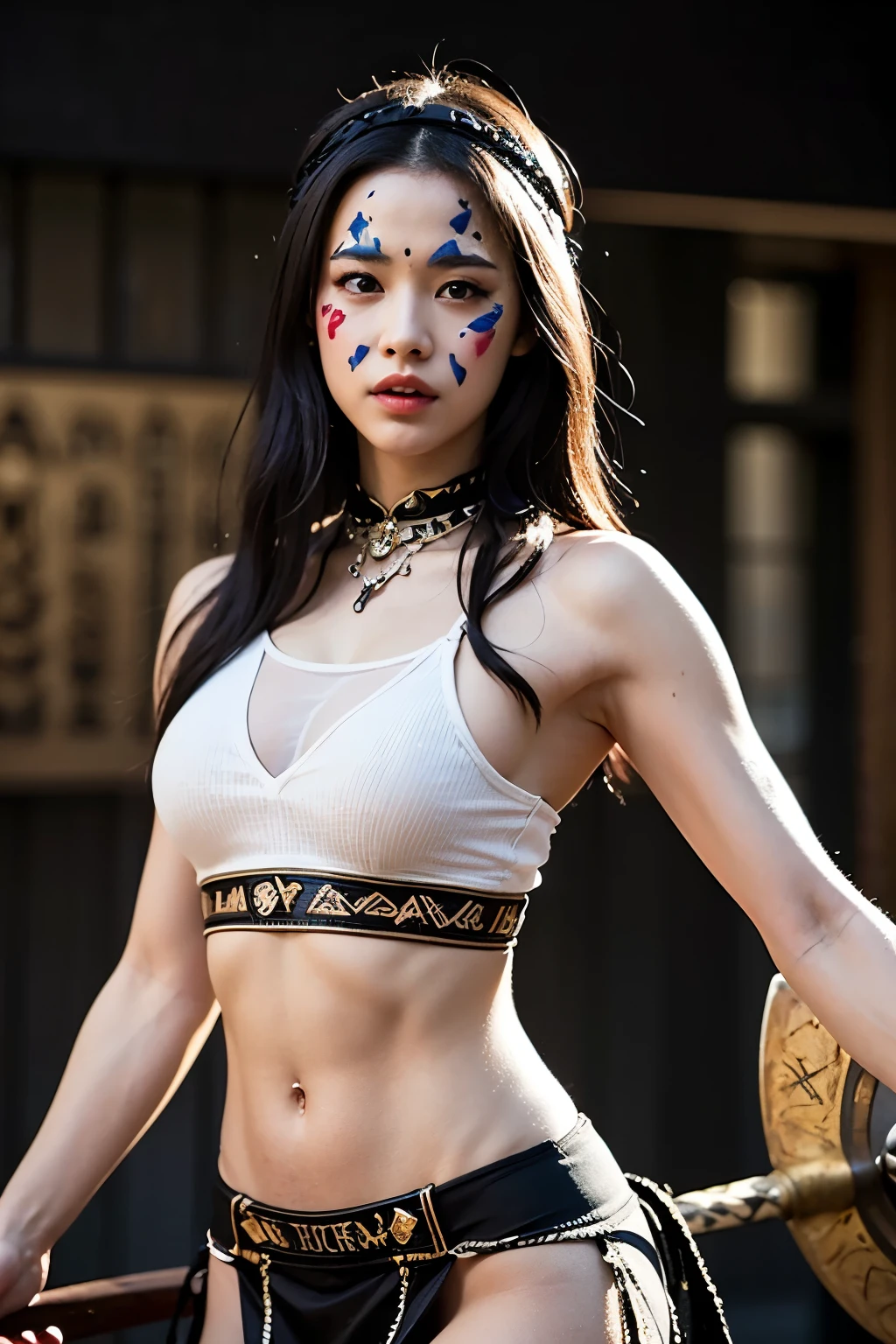 (Best Quality, Detailed,masterpiece:1.2), Realistic, sexy high-fashion portrait, Pretty and cute girl, all body shot, sexy fashion model, dynamic pose, BREAK small head, BREAK (Detailed buttocks, Detailed legs, Detailed body line, firm huge breasts, very slim waist, firm large buttocks, beautiful Muscular legs, beautiful foot, exuding a sculptural beauty:1.2), White and beautiful Silky skin, BREAK (perfect Detailed wear), (feathered futuristic Indian costume:1.3), (mono-tone:1.3), (white feathered headdress:1.4), (silver tribal patterns on costume:1.3), (silver necklace with tribal pendant:1.2), (silver arm cuffs:1.2), BREAK
(black and white striped high socks:1.4), (silver metallic stripes on socks:1.3), (knee-high:1.2), (futuristic sneakers with LED lights:1.3), (black and white color fusion on sneakers:1.2), BREAK
(black shorts with silver tribal embroidery:1.4), (silver studs on shorts:1.3), (modern and sleek design:1.3)
BREAK small head, Detailed face, cute and Pretty slim face, Duck mouth, perfect beautiful Tooth, arranged gray hair, shiny eyes, Light-colored eyes, looking viewer,, BREAK (in a concrete),