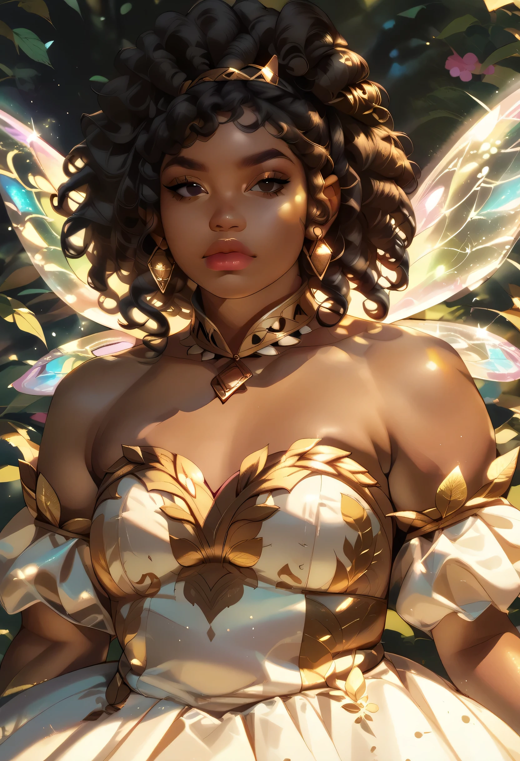 Anime illustration, semi-realistic, brown skin chubby woman with fairy wings, dark skin, dark brown skin, fae, fairy queen, ((plus size body)), ((chubby body)), overweight body, small chest, small , black eyes, black curly hair, black wavy hair, big lips, anime, sleek design, brown skin, sideswept hairstyle, round face, wearing detailed white fairy dress with gold accents, beautiful fairy outfit, big colorful fairy wings, magical forest in background, dynamic light, facing viewer, ,score_9, score_8_up, score_7_up, score_6_up, 1girl, black hair,
