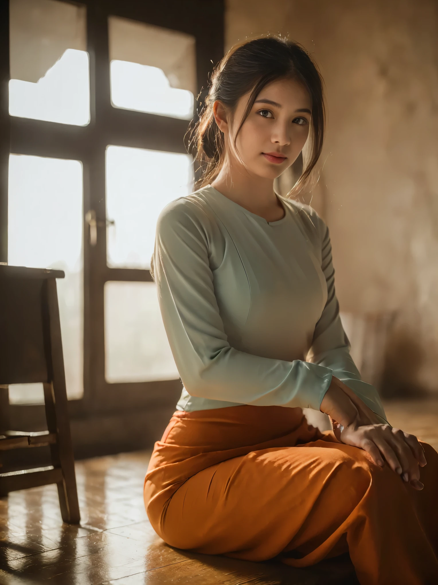 ((Best Quality, 8k, Masterpiece:1.3))), Crisp Focus: 1.2, (Beautiful Woman with Perfect Figure: 1.4) , wearing ninja mask, Burmese girl,all fours down, ,((Myanmar Teacher And Student Outfit, wearing acmm Pale Orange top,wearing acmm dark red colour long skirt, ))beside view,In the forest background ,film effect 、best position,best composition, perspective view, ultra wide view,(best quality,4K,8K,highres,masterpiece:1.2),ultra-detailed,(realistic,photorealistic,photo-realistic:1.37),HDR,studio lighting,sharp focus,