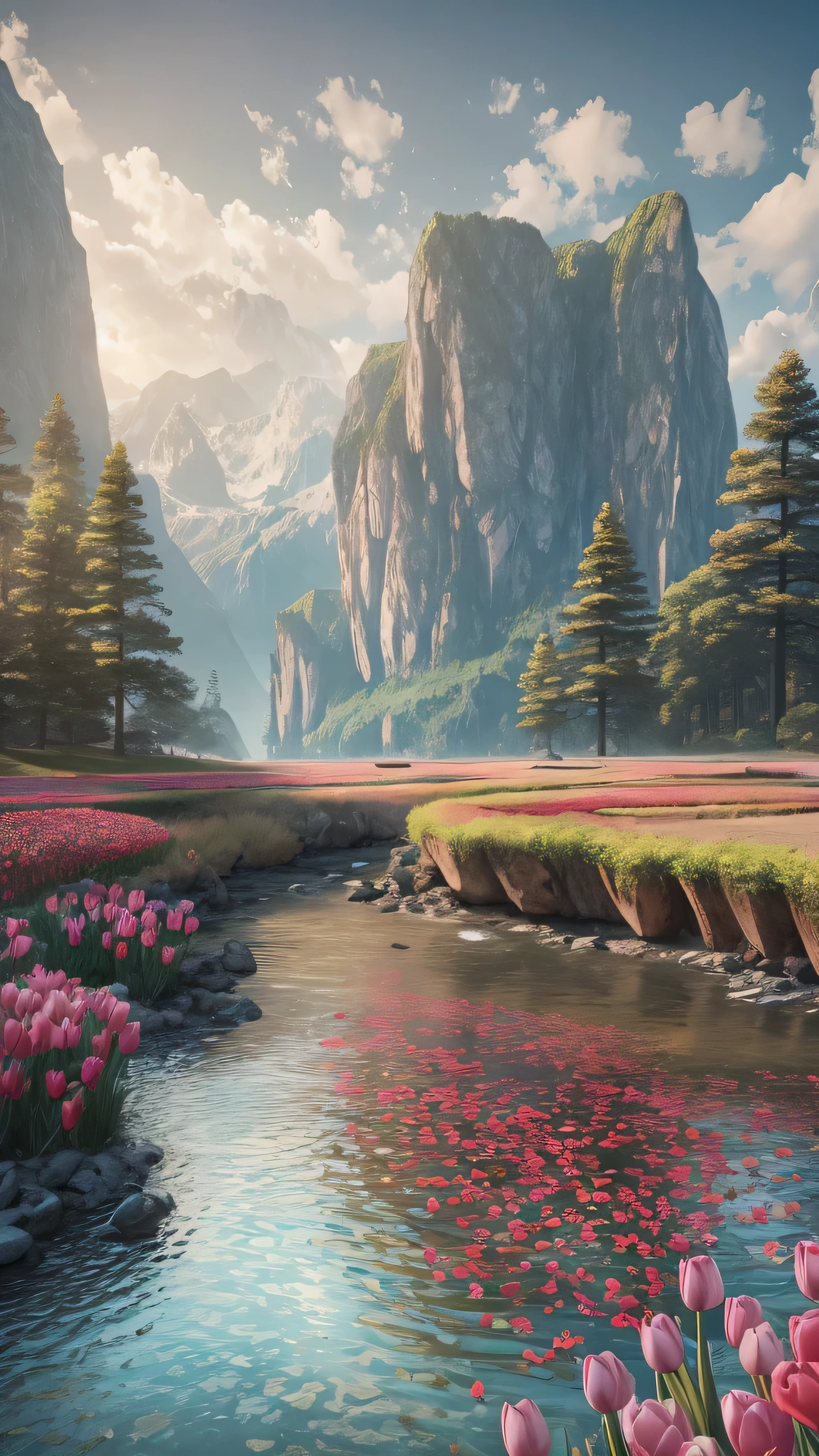 Masterpiece, 最 High Quality , High Quality , More CG Unity 8k Wallpaper , landscape, Outdoors, null, cloud, null, not human , Mountain, Scenery, water, tree, 青null, waterfall, cliff, nature, lake, river , cloudy skies, 切り立ったcliff, Award-winning photo, red vest with decorations , high resolution ,pink tulips , Color Difference, photorealism , tall Highly detailed , art station trend, CGSociety trends , complicated , high detail, dramatic, Art You Can Enjoy Anytime