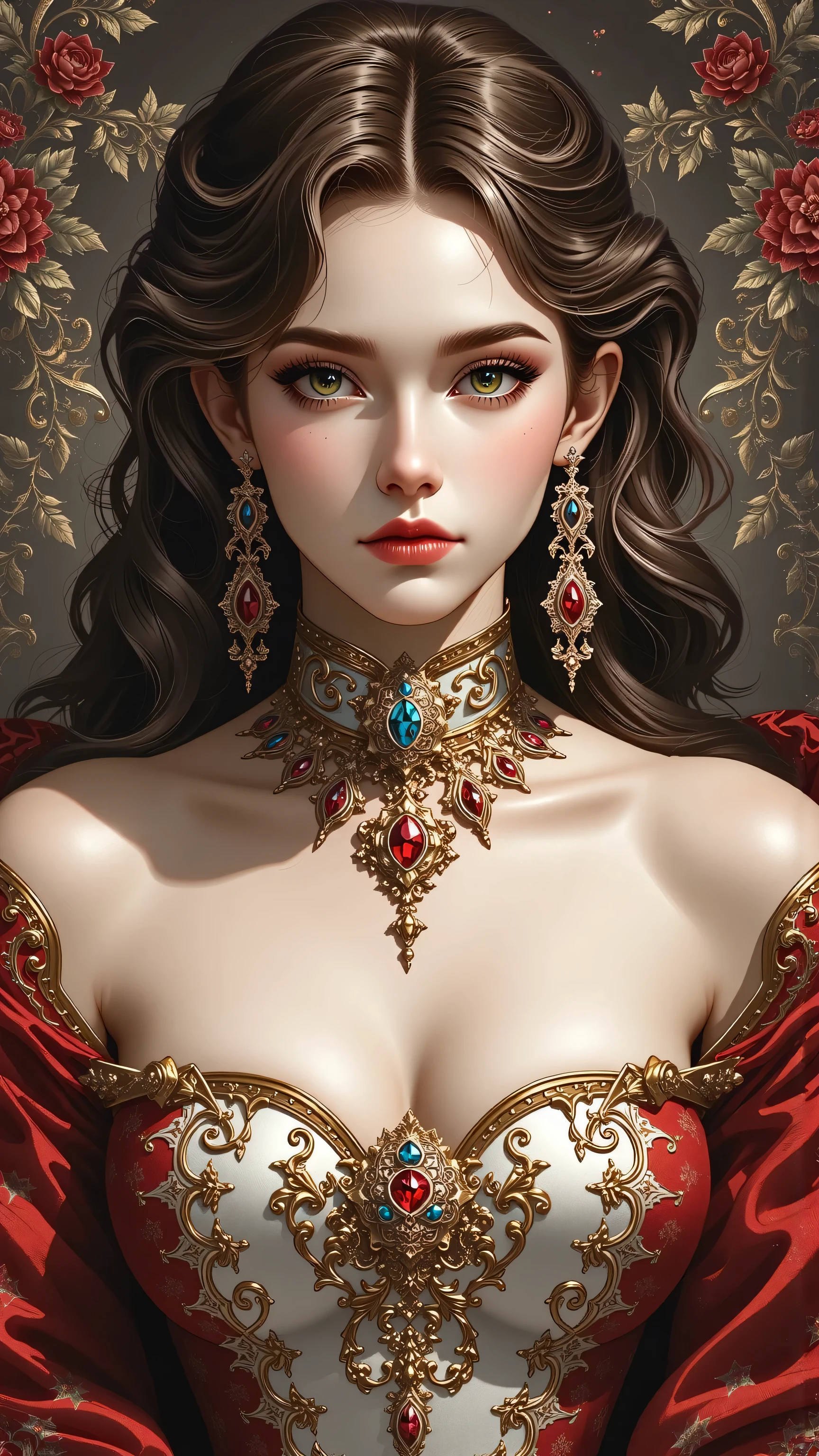 Kizi,Highly detailed, Amazing work,Vitreous luster,((clean backdrop)),In black,(((red colors))),white color,Best quality at best,clean backdrop, shiny skin, goth, plunging neckline, huge breasts, heavy blushing,