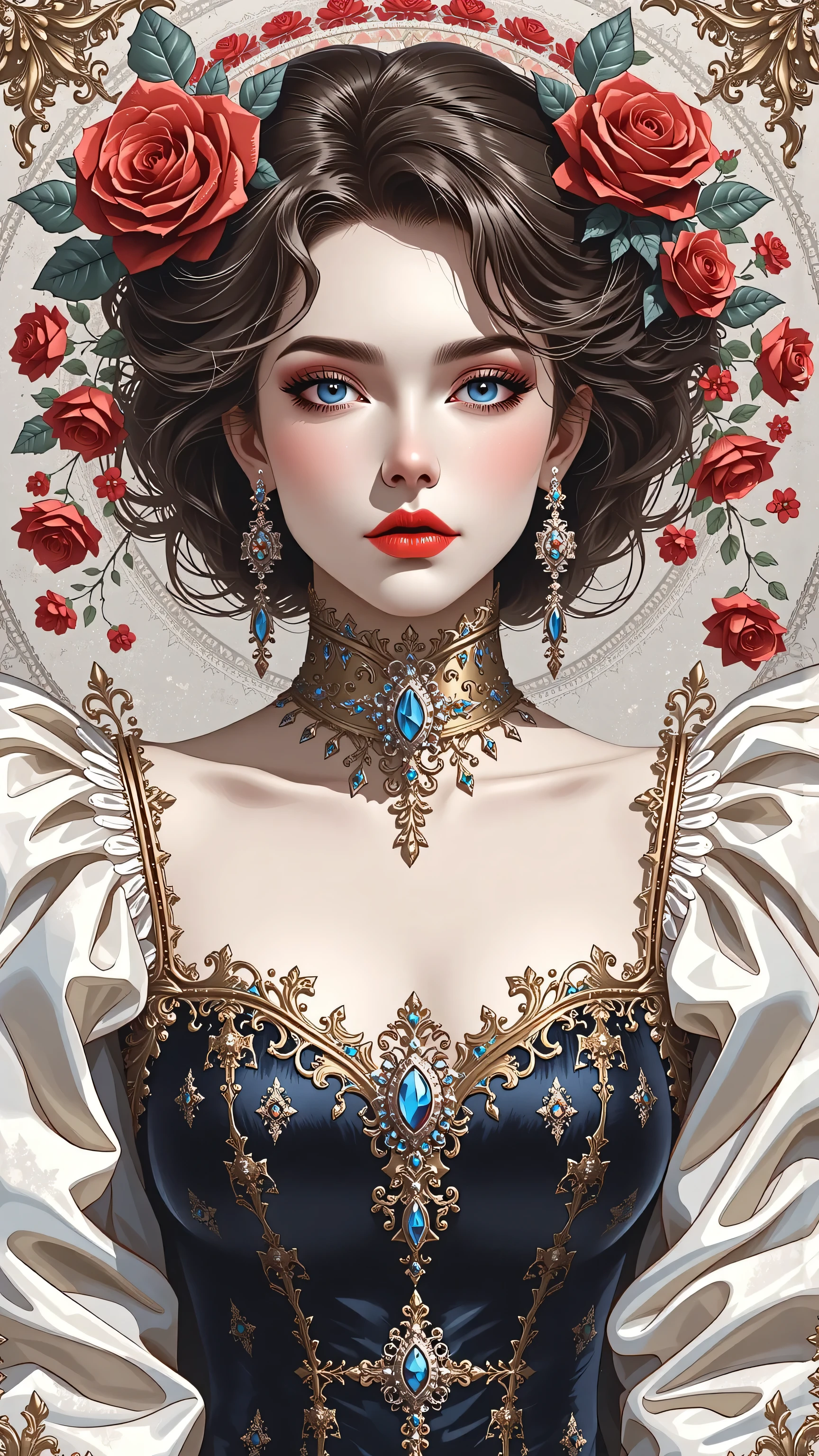 Kizi,Highly detailed, Amazing work,Vitreous luster,((clean backdrop)),In black,(((red colors))),white color,Best quality at best,clean backdrop, shiny skin, goth, plunging neckline, huge breasts, heavy blushing,