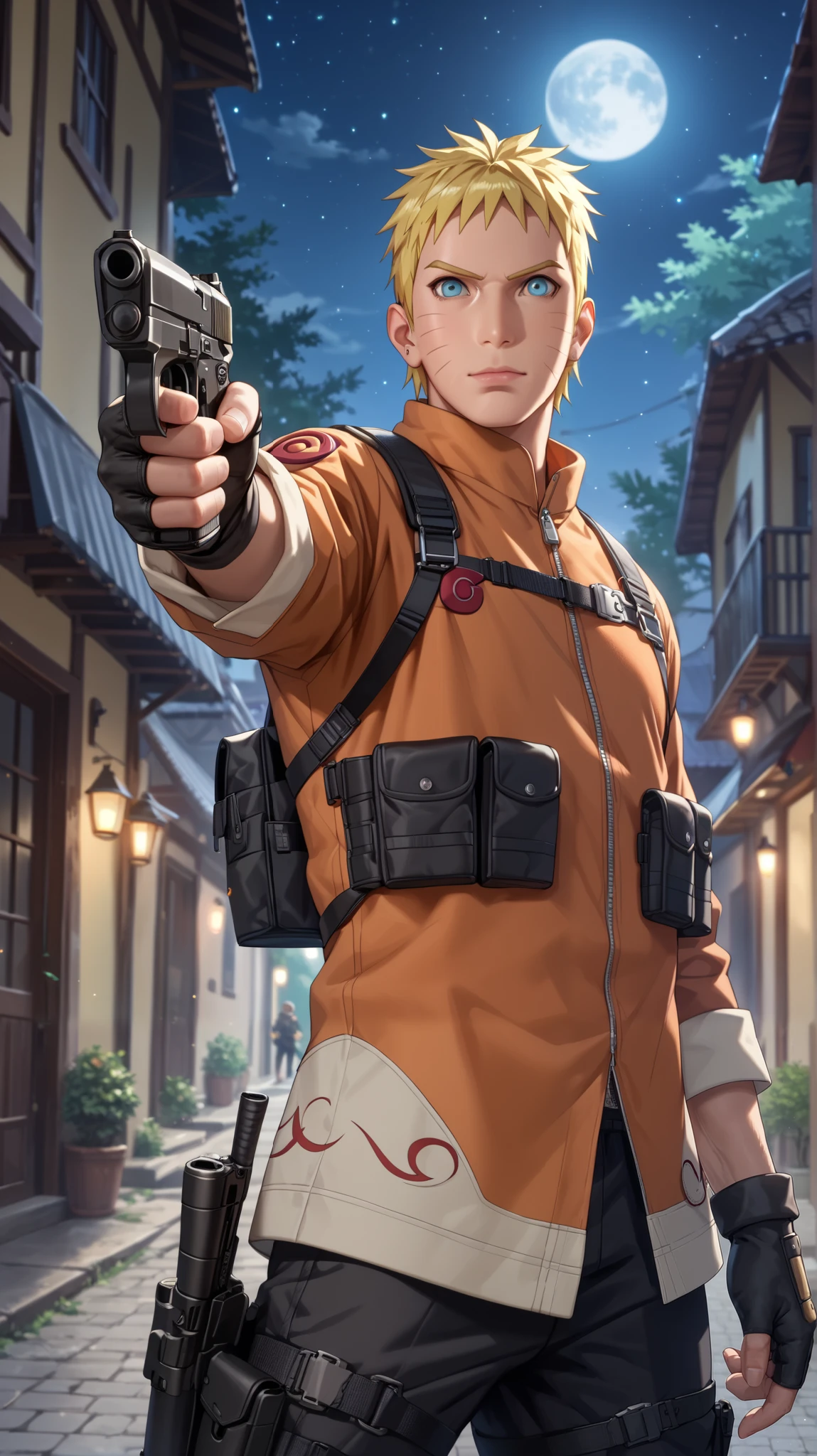 Score_9, Score_8_up, Score_7_up, Score_6_up, Score_5_up, Score_4_up, Source_anime, Tag1, Tag2, quality_masterpiece, Anatomically correct, athletic torso, fit build, mature male, Naruto, hip-hop elements, BREAK action_standi g, pose_pointing, night, dark alleyway, moon, stars, pointing a gun, black tactical suit, Looking at viewer, 