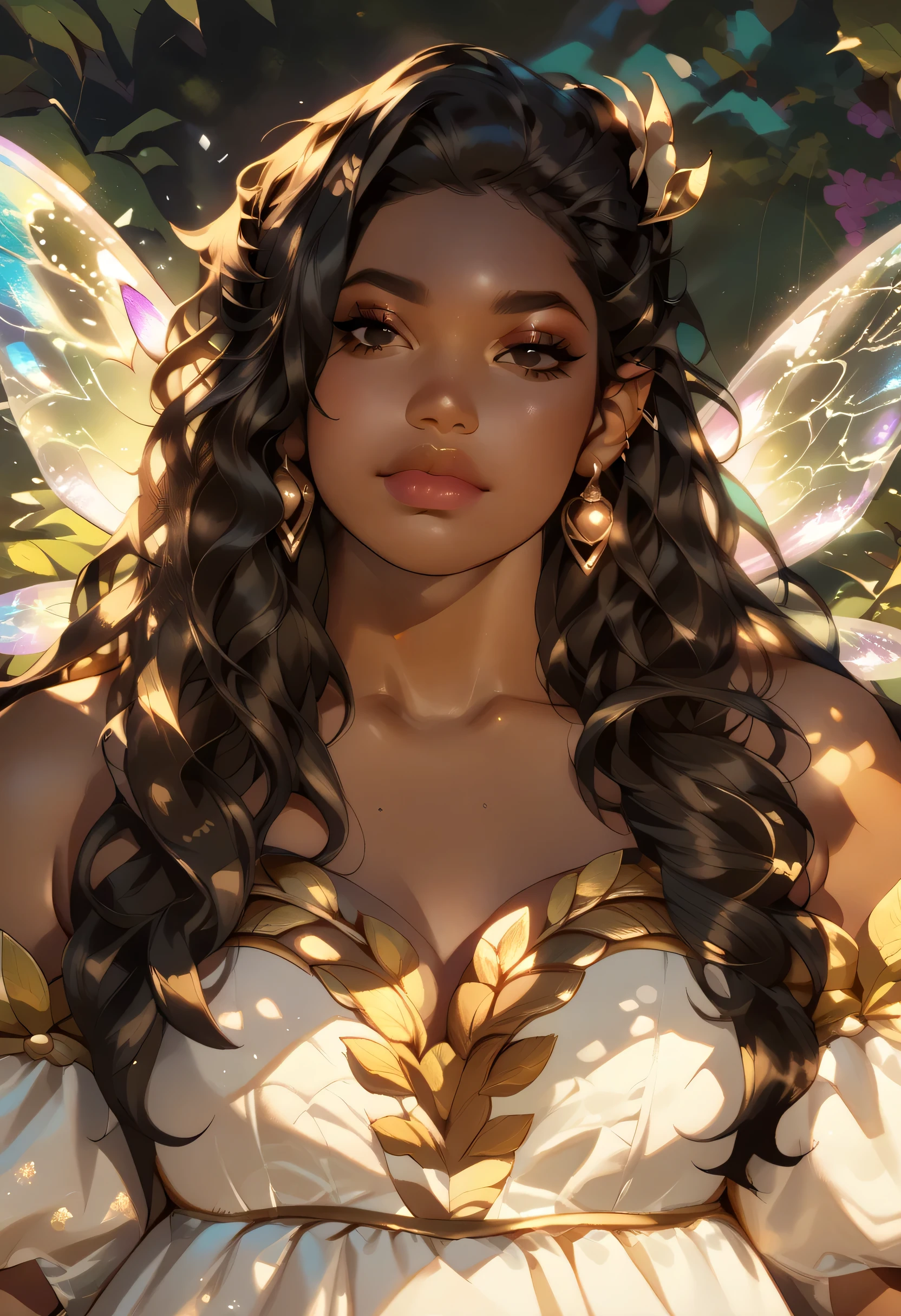 Anime illustration, semi-realistic, brown skin chubby woman with fairy wings, dark skin, dark brown skin, fae, fairy queen, ((plus size body)), ((chubby body)), overweight body, average chest, black eyes, shoulder long hair, black wavy hair, big lips, anime, sleek design, brown skin, sideswept hairstyle, round face, wearing detailed white fairy dress with gold accents, beautiful fairy outfit, big colorful fairy wings, big fairy wings, magical forest in background, dynamic light, facing viewer, ,score_9, score_8_up, score_7_up, score_6_up, 1girl, black hair,