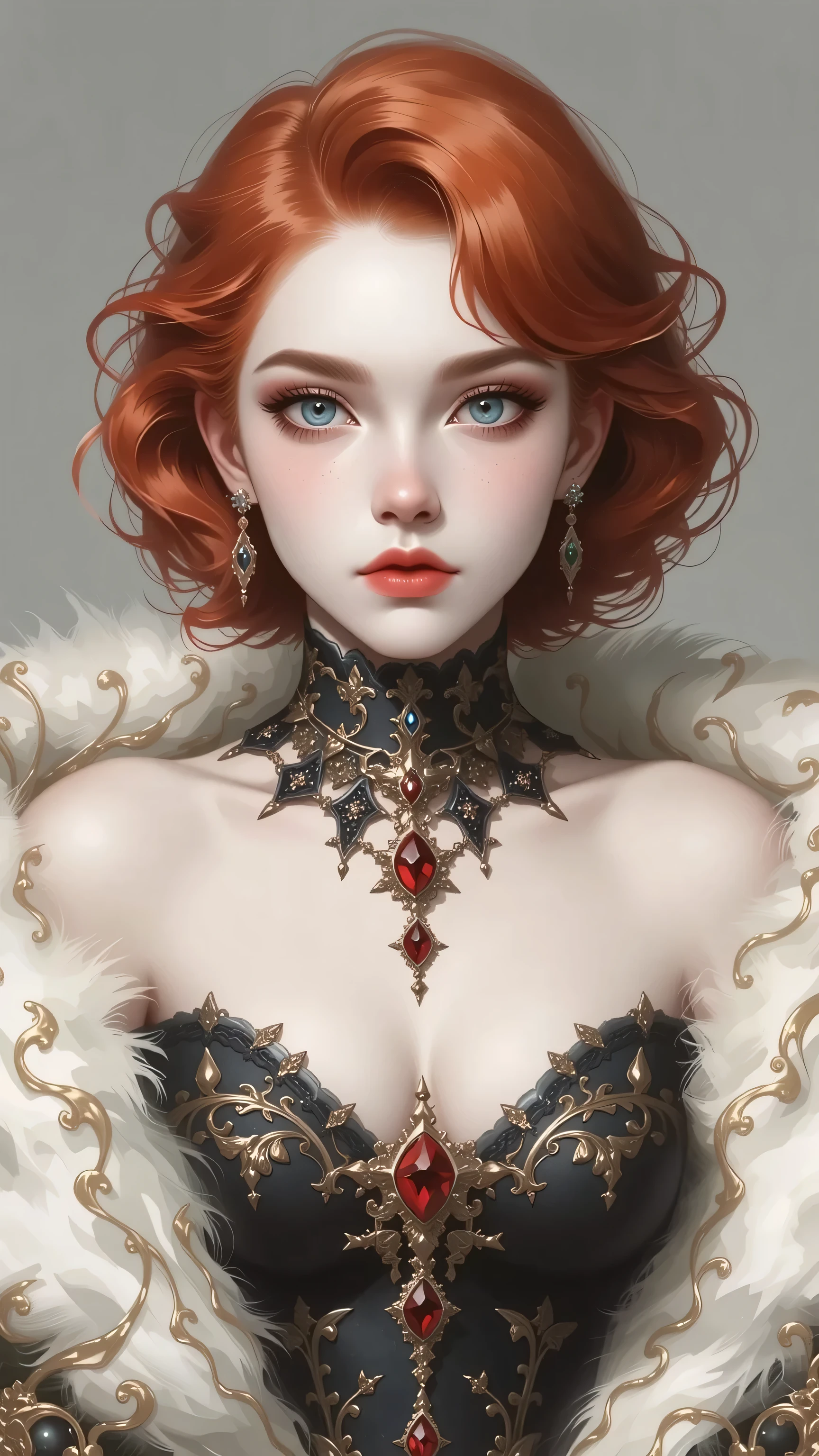 Kizi,Highly detailed, Amazing work,Vitreous luster,((clean backdrop)),In black,(((red colors))),white color,Best quality at best,clean backdrop, shiny skin, goth, plunging neckline, huge breasts, heavy blushing,