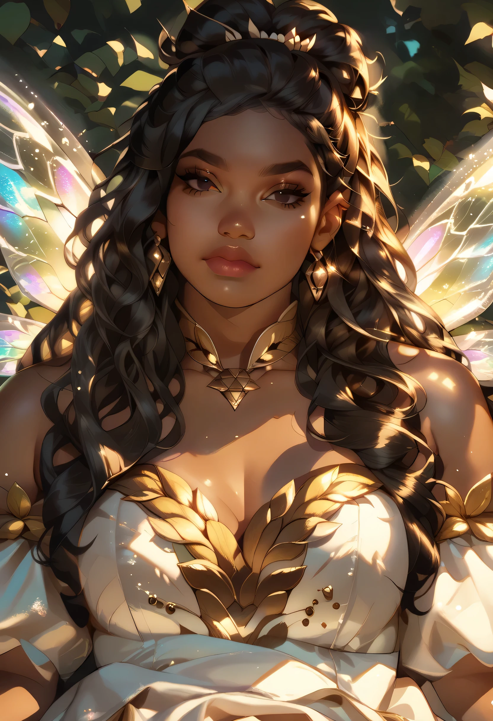 Anime illustration, semi-realistic, brown skin chubby woman with fairy wings, dark skin, dark brown skin, fae, fairy queen, ((plus size body)), ((chubby body)), overweight body, average chest, black eyes, shoulder long hair, black wavy hair, big lips, anime, sleek design, brown skin, sideswept hairstyle, round face, wearing detailed white fairy dress with gold accents, beautiful fairy outfit, big colorful fairy wings, big fairy wings, magical forest in background, dynamic light, facing viewer, ,score_9, score_8_up, score_7_up, score_6_up, 1girl, black hair,