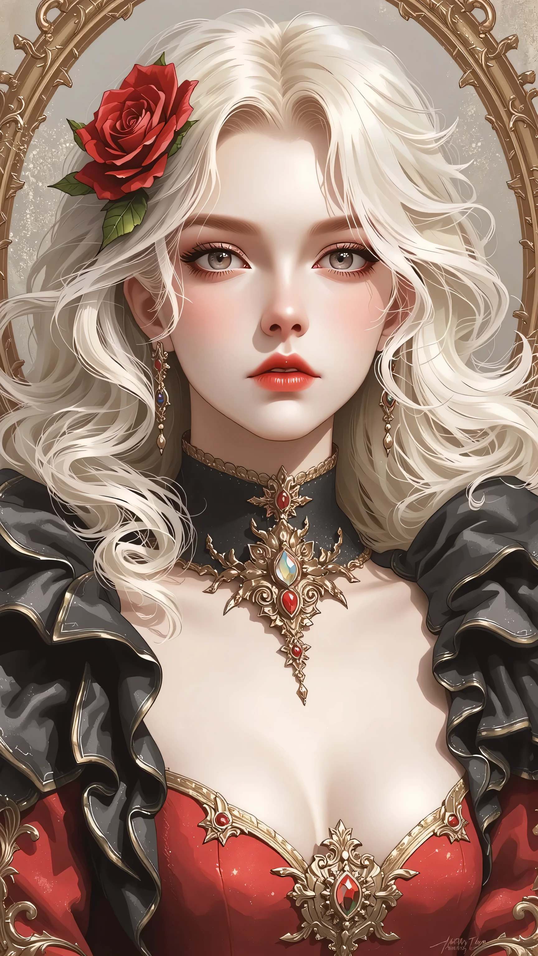 Kizi，Highly detailed, Amazing work，Vitreous luster,((clean backdrop))，In black，(((red colors)))，white color，Best quality at best，clean backdrop, shiny skin, goth, plunging neckline, huge breasts, heavy blushing, 