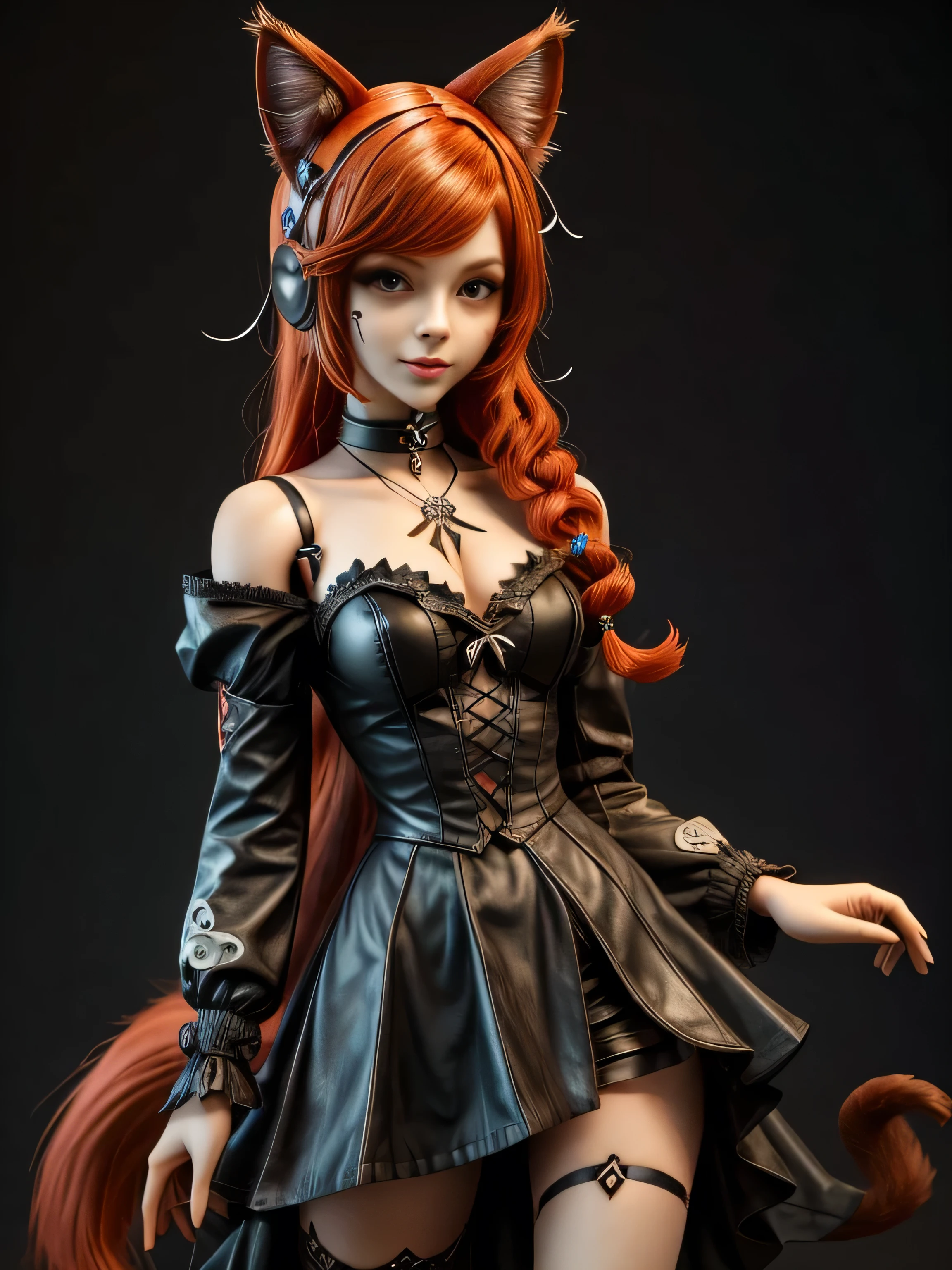 there is a doll with red hair and a cat ears, full body of a goth catgirl, dollpunk, artdoll, [ trending on cgsociety ]!!, beautiful young catgirl, wlop loish and clamp style, cgsociety ), cgsociety - w 1 0 2 4 - n 8 - i, cgsociety 9, bjd, cgsociety