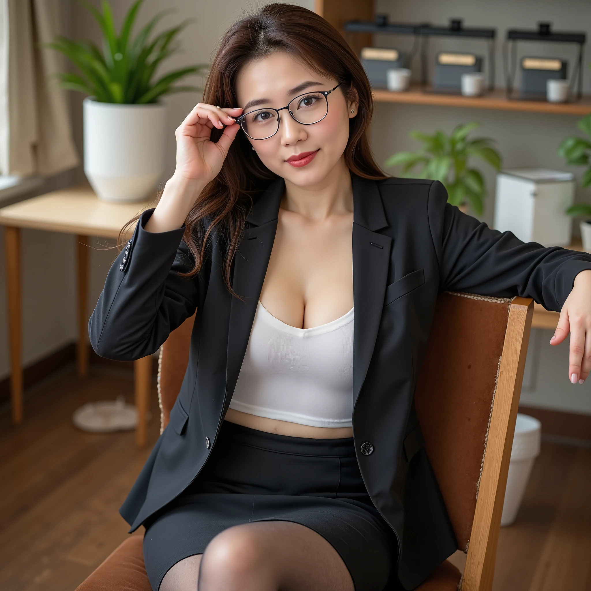 ((Best Quality, 8k, Masterpiece, Portrait: 1.3)), (looking at viewer),Photorealistic, Sharp Focus, glare, beautiful Japan Office Lady, glasses, gray blazer, white shirt, Clothes with big Cleavage View, 35 Years Old, Wavy Hair, ((double eyelid, eyelash, lip gloss)), (Wrinkles at the Corners of the Eyes:0.6), ((Sit with Open your legs wide on office chair:2, two knees up, show off pubic)), (loose waist:1),((Show Panties what stained on pubic part:1)), (pubichair:1.5), (open mouth:0.7), (angry:0.5), ((open mouth:1)), Darkness Nobody Office Room,