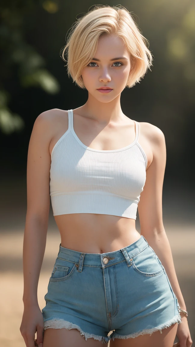 Blonde girl 23 years smiling, braces on teeth, glasses, white shirt short tank top, navel in sight, tight jeans, shapely legs, medium ass, standing, hair al vento, round face, small lips, brown eyes, small breasts, thin waist, medium ass