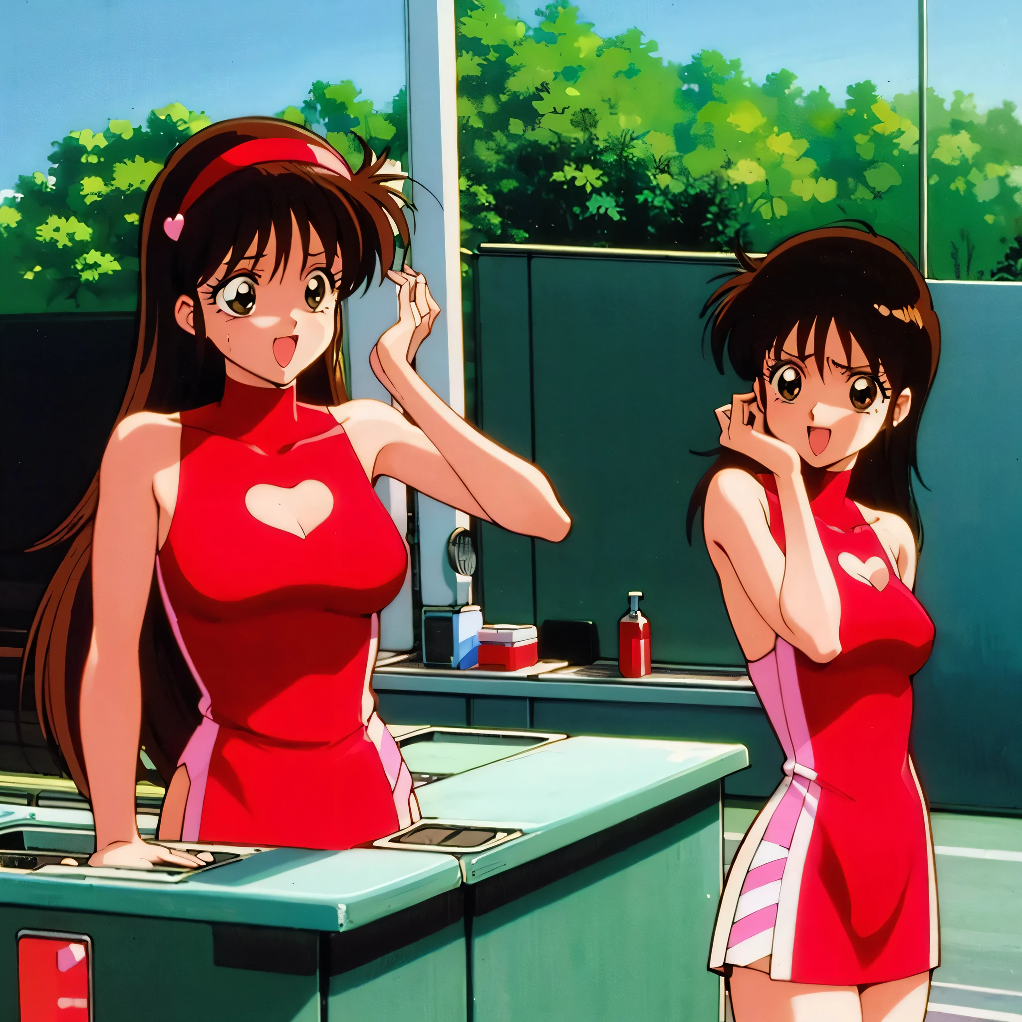 asusugodr, 1girl, solo, heart, hair ornament, green eyes, Stretch your sideburns to your chest、 mini jacket,red dress, retro artstyle, open mouth, 1990s (style), looking at viewer, smile, outdoors, sky, cowboy shot, cleavage cutout, race queen ,sink, kitchen, bringing upper body to the sink, open, leaning forward, emphasizing the buttocks, butt to the front, the sink is overflowing with water, My upper body is soaked, my face and head are soaked,round butt