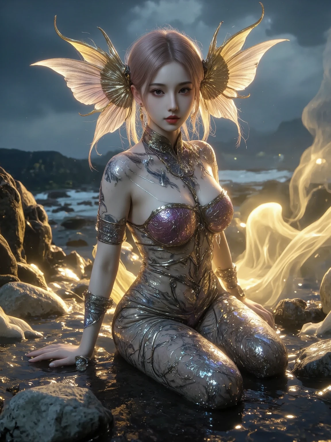 (Full Body of Extremely Detailed Dragon girl) with (Sparkling Red eyes) Orange hair in a high ponytail, liquid hair, flowers, (Huge dragon head) in background, 8K TopQuality UltraDetailed Masterpiece of Professional Photo, HDR ultra-fine painting, LifeLike rendering, extreme detail description, professional, Bright colors, bokeh, (Exposed Hourglass Body Shape)