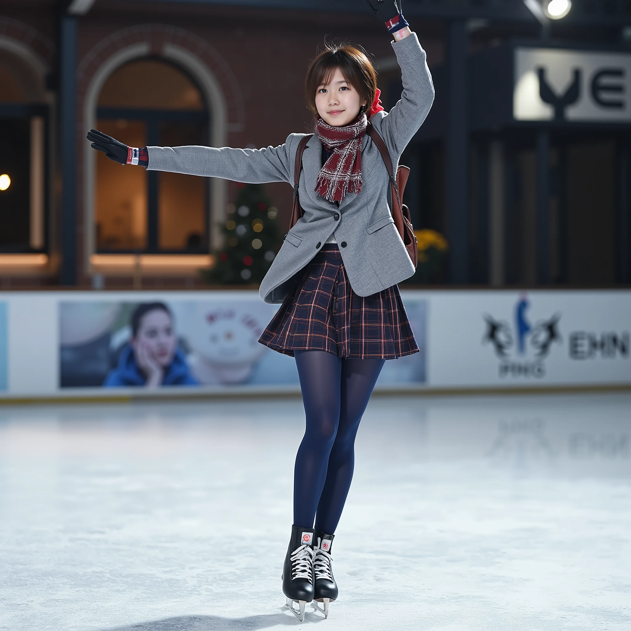 ultra-realistic , photorealistic, dramatic scenes around, shadow, Global Illumination, Alone, ( famous Japanese young idol woman like showing off what's inside her pussy), Very beautiful繊細な日本人の女の子, Very beautiful、 a very cute but masculine and cool face , ( they are suffering ), slim waist, (Grey blazer and white shirt、 is wearing a cute Japanese uniform with a skirt , red ribbon), (Stylish winter coat ), ( a dark red wool scarf with a plaid pattern ), break, ( gloves), ( she wears dark blue tights ), skate shoes on a skating rink, ( Crouched Pose ), ( cat hiding in backpack ), ( Carrying a leather backpack ), ( She is figure skating at an outdoor ice rink in the Red Brick Warehouse district:1.3), gorgeously decorated with a cute button nose , sitting indoors, Happy smile, has a gorgeously decorated Christmas tree , showing off her elegant ice skating skills , Sudden change of direction , brilliant turn on ice skating , professional lighting