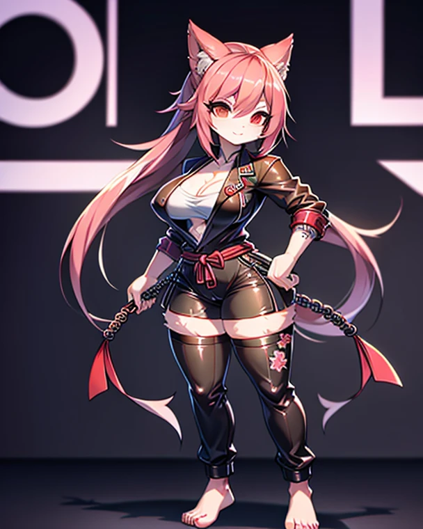 best quality, masterpiece, highres, solo, {gravel_arknights:1.15}, animal_ears, long_hair, pink_hair, animal_ear_fluff, smile, blush, hair_between_eyes, bangs, breasts, upper_body, 1girl, armor, black_jacket, breastplate, holding, holding_weapon, jacket, looking_at_viewer, open_clothes, open_jacket, torn_clothes, weapon, black_footwear, boots, brown_thighhighs, long_sleeves, off_shoulder, sword, tail, thighhighs, torn_thighhighs, bare_shoulders, dual_wielding, high_heel_boots, high_heels, holding_sword, simple_background, full_body, tattoo, barcode, barcode_tattoo, brown_eyes, knee_boots, pink_eyes, thigh_strap, white_background, zipper