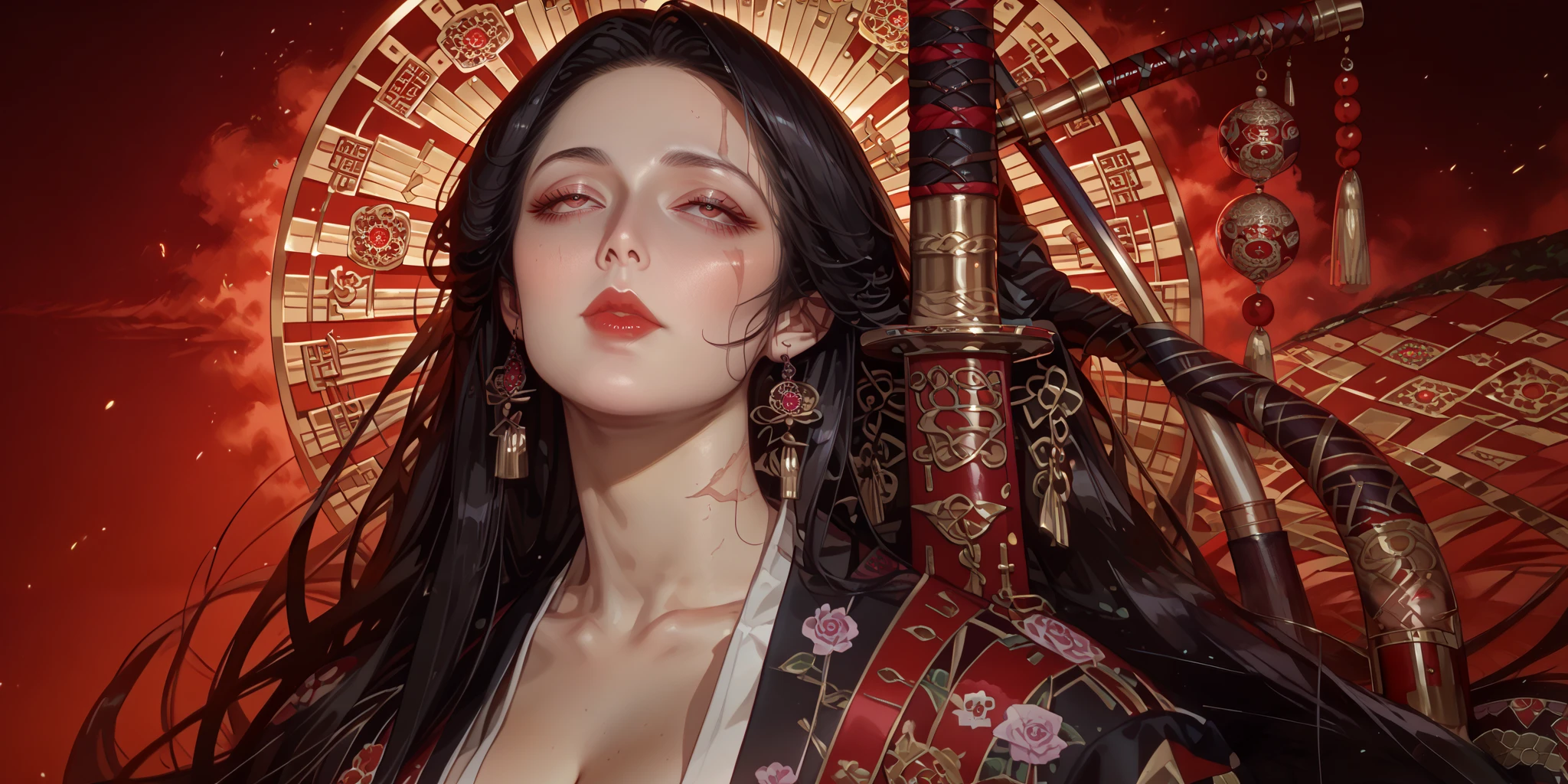 score_9, score_8_up, score_7_up, score_6_up, score_5_up, score_4_up, source anime,((masterpiece,best quality,high detailed)), looks up at the 、( beautiful goddess, mature woman :1.4)、Poisonous woman 、Japanese-style room,solo,alone,Unohana_guess,off shoulder,Scar Face, scar,red eyes, black hair, black hair, (very long hair, straight hair, forehead,),black kimono,red butterfly,japanese ranterns,(Detailed vibrant kimonos , Highly detailed embroidery:1.3), haori, long sleeves, wide sleeves, expressionless, narrowed eyes, expressionless, narrowed eyes, collarbone, cleavage,
large breasts, lips, red lips, androgynous, beautiful face, holding weapon, katana, dynamic pose, moody, epic, gorgeous, film grain, grainy,Horror,moody lighting,Utamaro_style,kl1mt,beautiful gold,hidden japanese monster