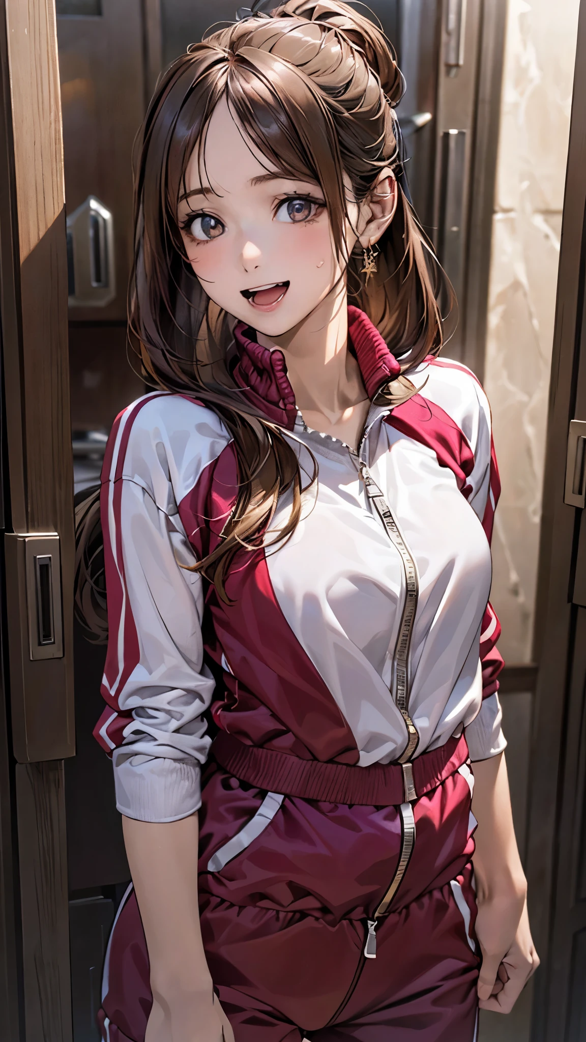 (masterpiece:1.3, top-quality, ultra high res, ultra detailed), (realistic, photorealistic:1.3), beautiful illustration, perfect lighting, natural lighting, colorful, depth of fields, 2025s, nsfw,
beautiful detailed hair, beautiful detailed face, beautiful detailed eyes, (perfect anatomy, anatomically correct, super detailed skin), white skin, shiny skin,
looking at viewer, (face focus, upper body), 1 girl, girl, cute and symmetrical face, perfect face, perfect eyes, perfect body, babe, cute face:1.2, tiny,
(long hair, topknot, straight hair, long sidelocks, dark brown hair), parted bangs, gold eyes, big eyes, long eye lasher, (large breasts, seductive thighs), slender,
(detailed cloth texture), break (track suit:1.5), break
(beautiful scenery), summer, evening, (locker room), standing, (pose with movement), (lovely smile, open mouth),