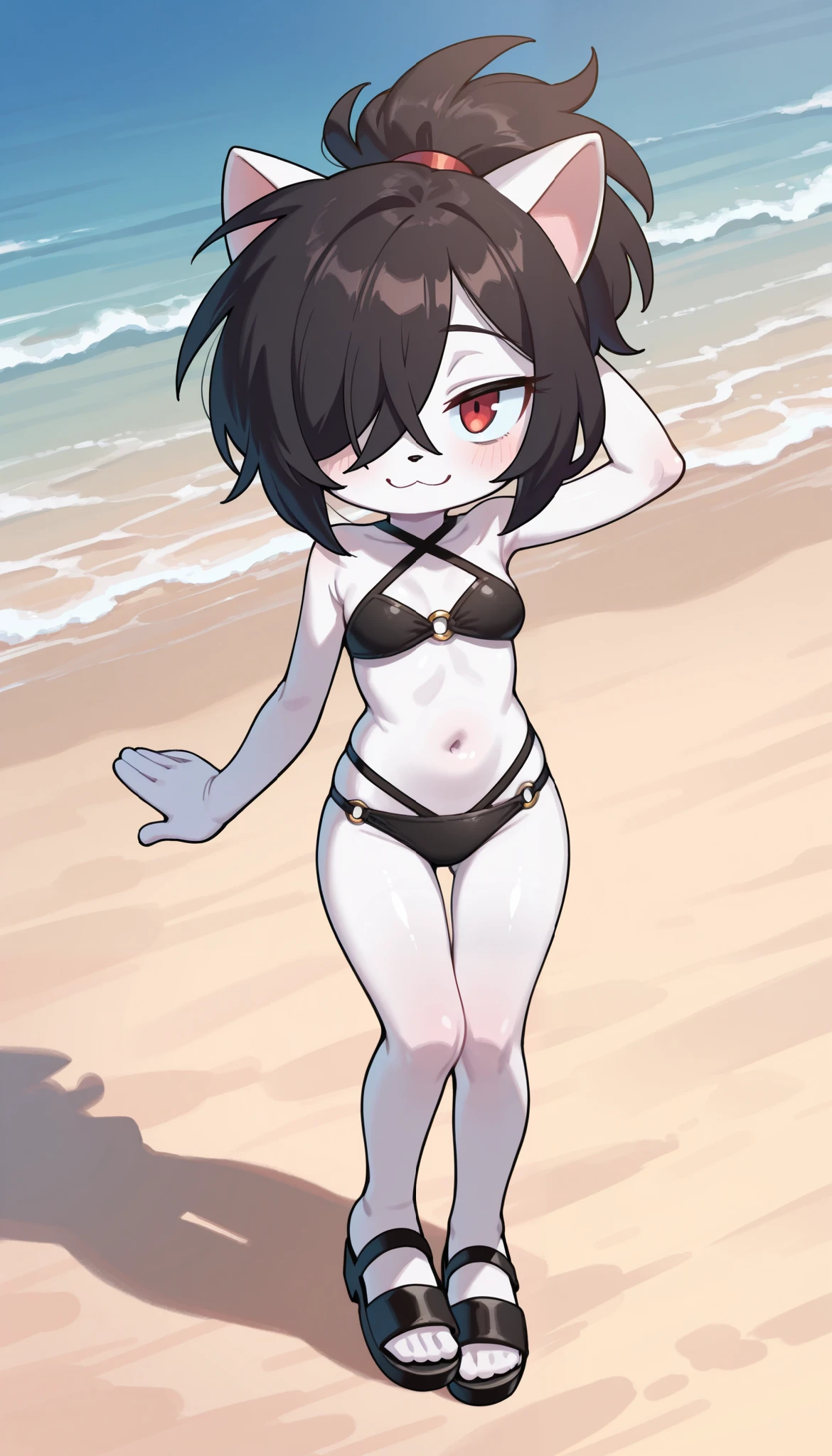 oshino ougi, masterpiece, best quality, highres, 1girl, solo, fang, skin fang, short hair, (mole on thigh:0.8), bangs, hair behind ear, purple eyes, hair ornament, open mouth, beach, smile, squatting, small chest, short height, little girl, flat chest, small, cleavage, ((bare shoulder)), exposed, loose shirt, navel, presenting armpit