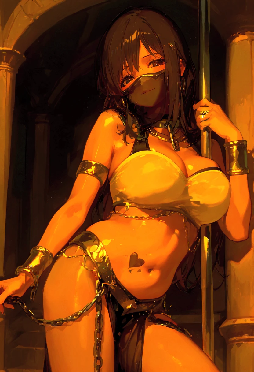 (masterpiece, premium quality: 1.2), alone, one girl, long ponytail, brown eyes, cruel mistress costume, anxious face, looking at the camera, in a dark basement, cobblestones with an eerie cold atmosphere, big, ((wearing torn medieval bikini armor))), sexy white shiny big, big cleavage, copious sweat on the body, blush, chest hollows, tied back with a rope, Open legs, open legs, chained, big, hands chained, binded, binded, slave collars, chains around the neck, dark fantasy, open legs, M-shaped open legs, tied behind the hands with ropes, silver chains, open legs, legs spread, hung by chains, pulled up by chains, crotch open, big, trying to spill out of the costume. restraint, slavery, collar, contempt, medieval bikini armor, tears, mature adult, charm, submission, shiny skin, shiny skin, thick thighs big breast with king behind her