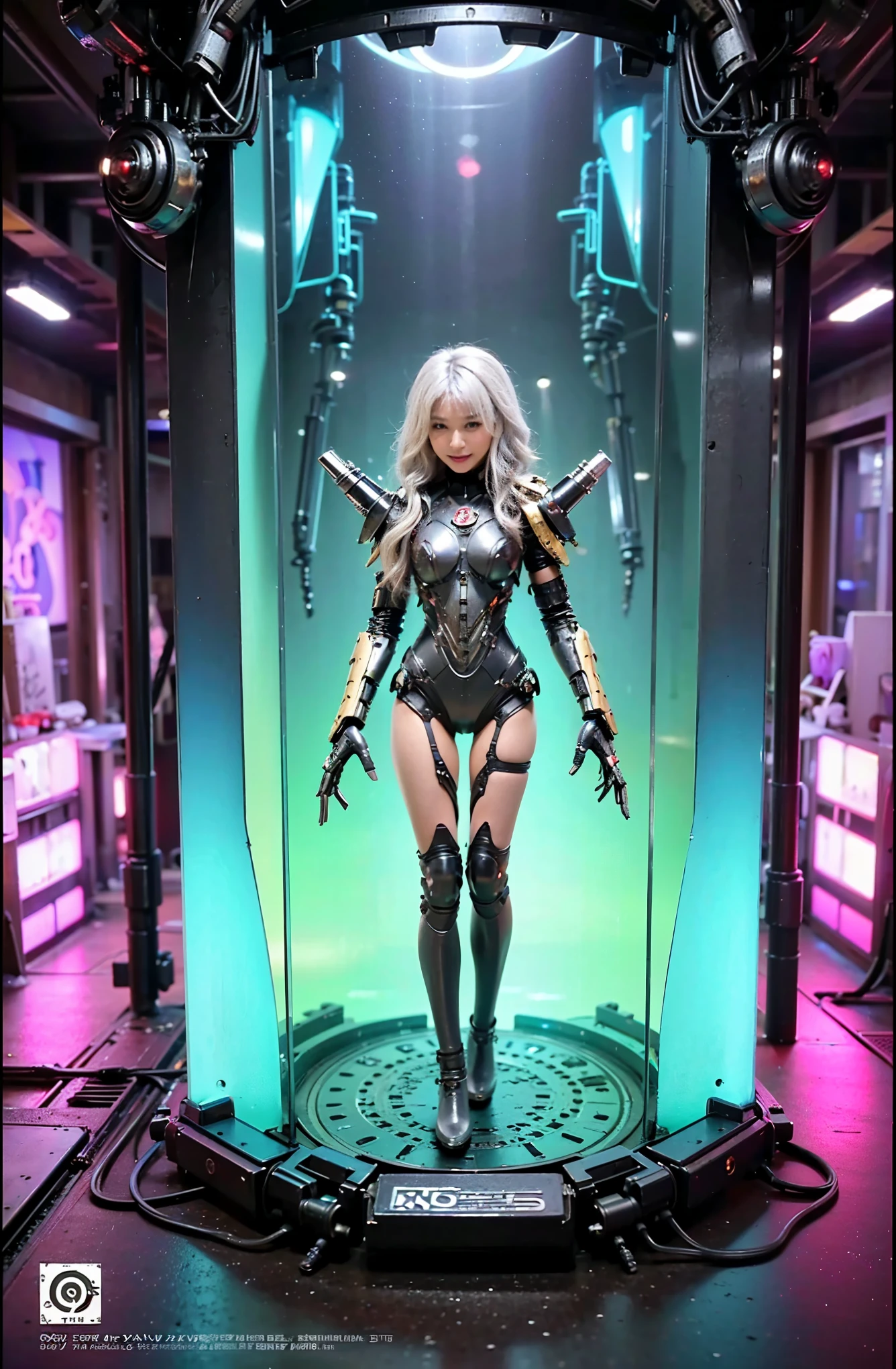 (Completely live action:1.37), (Amazingly realistic textures:1.37), (masterpiece, best quality:1.2), (8k uhd, 16k, 32k, ultra high res), amazingly realistic skin, amazingly realistic photo, superrealism, (photorealistic:1.37), (RAW photo), ultimately realistic, (ultimately realistic all details), (ultimately realistic all textures), super realistic lighting, super realistic shadow, (japanese girl:1.5), (realistic idol face), smiling, happy, super realistic face, ultimately realistic skin, ultimately realistic eyes, (mascara:1.35)ultimately realistic background, ultimately realistic detail up, (kkw-ph1:1.25), (Canon EOS R6, 85mm, 1/200s, f/5.6, ISO 1600), (tattoo), (mechanical armor:1.37), (blue eyes:1.2), (silver hair:1.3),