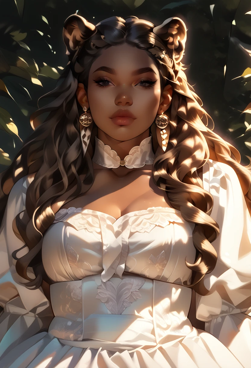 award winning 64k concept art of (black 1girl:1.2) in white majestic dress sitting on the throne in the mountains, posing, epic, god rays, centered, (masterpiece:1.2), (best quality:1.2), Amazing, highly detailed, beautiful, finely detailed, warm soft color grading, Depth of field, extremely detailed 8k, fine art, stunning, iridescent, shiny, (light reflections:1.2), (crisp:1.5), curls, wind, vibrant, sunlit, (edge detection:1.2), absurdres, infinite