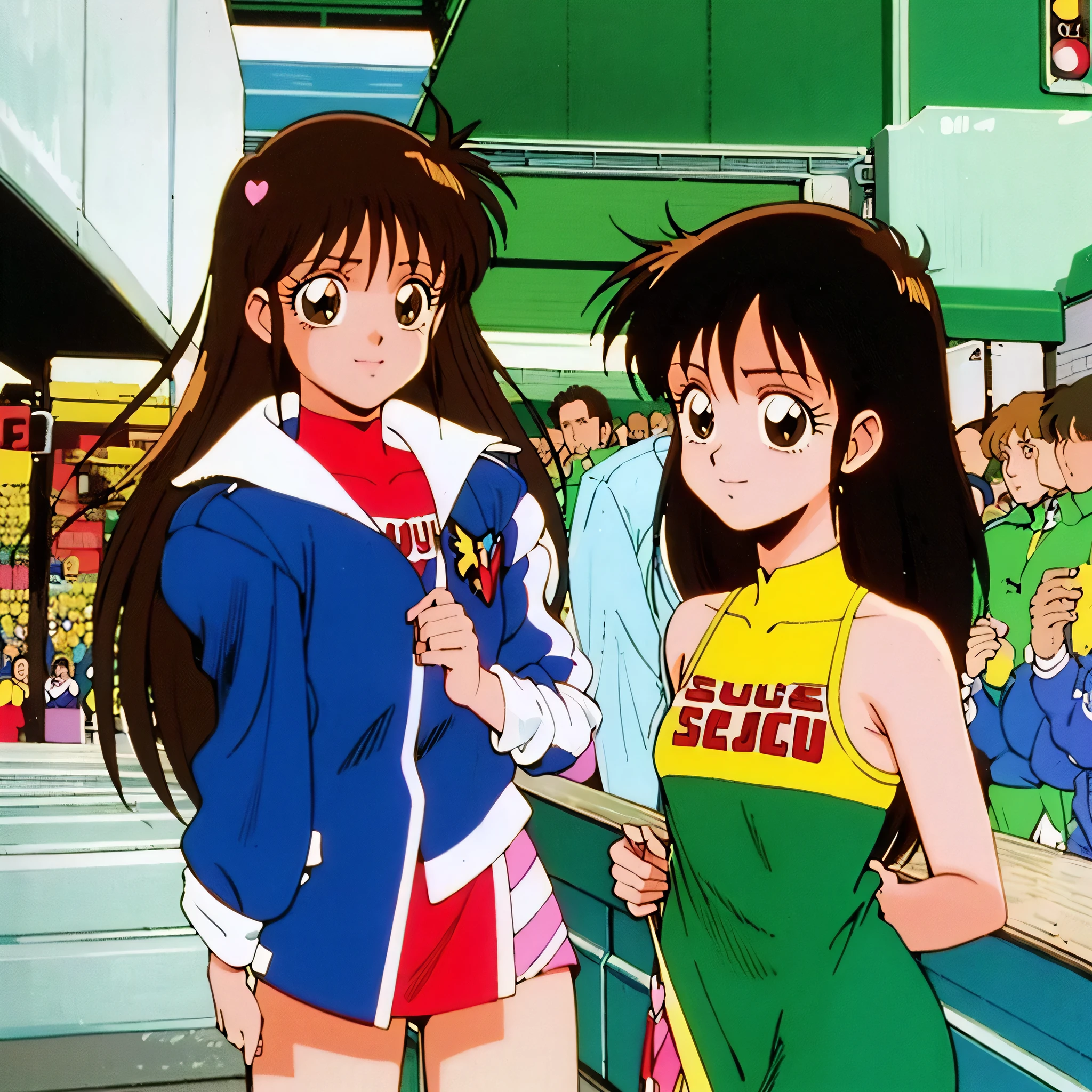 Asusdol, One Girl , Alone, green eyes, heart, hair ornament, jacket, dress,retro art style for stilets,1990s ( style for stilets), looking at viewer, smile, outdoor, null, cowboy shot , clevis cut out, race queen ,round butt