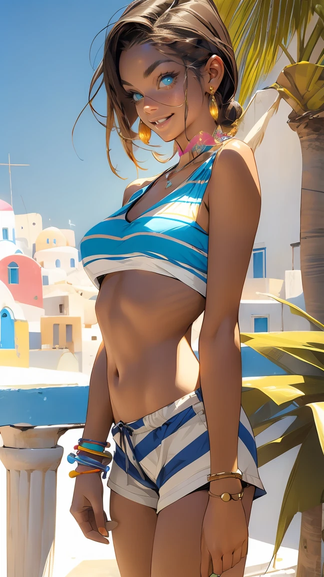 (masterpiece, best quality), 1 girl, alone, perfect body, big breasts, woman, santorini, colorful striped bikini top, shorts, stylish, bracelets, necklace, standing pose, afternoon
