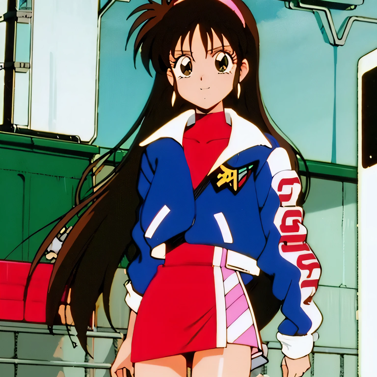 Asusdol, One Girl , Alone, green eyes, heart, hair ornament, jacket, dress,retro art style for stilets,1990s ( style for stilets), looking at viewer, smile, outdoor, null, cowboy shot , clevis cut out, race queen ,round butt