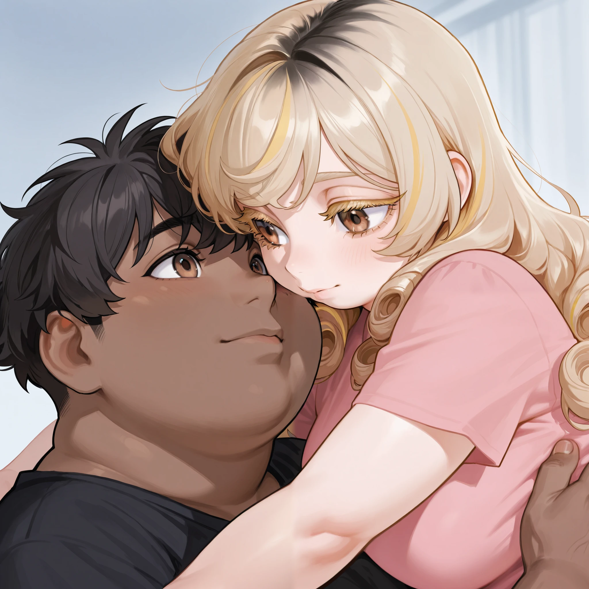 A curvaceous very little amount of chubby man with light brown skin, curly black hair with blonde streaks, brown eyes with long thick blonde lashes.