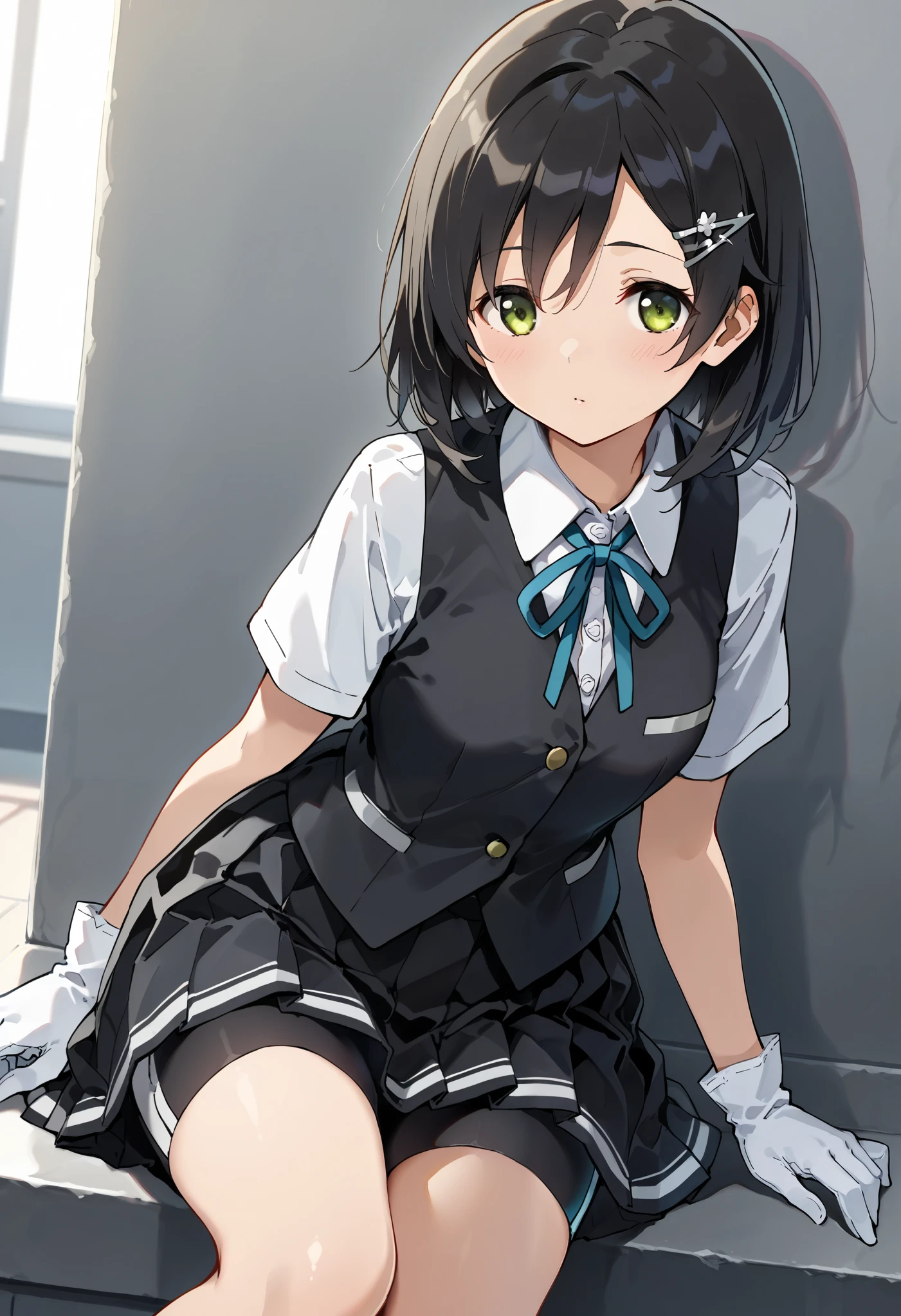 best quality , Masterpiece, high resolution, Alone, 1 girl,{kuroshio_kantaicollection:1.15}, green eyes,short hair, shirt, hair ornament, ribbon,school uniform, white shirt, short sleeves, pleated skirt, hairclip,white gloves, black skirt, medium hair,neck ribbon, black shorts, blue ribbon, black vest, shorts under skirt,