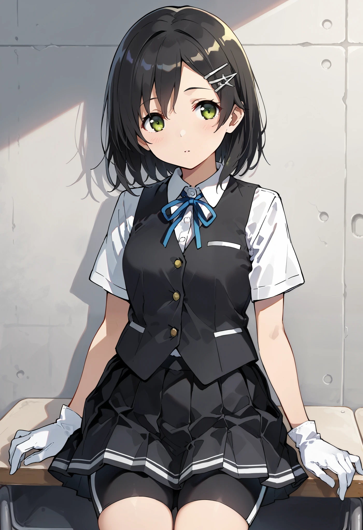 best quality , Masterpiece, high resolution, Alone, 1 girl,{kuroshio_kantaicollection:1.15}, green eyes,short hair, shirt, hair ornament, ribbon,school uniform, white shirt, short sleeves, pleated skirt, hairclip,white gloves, black skirt, medium hair,neck ribbon, black shorts, blue ribbon, black vest, shorts under skirt,