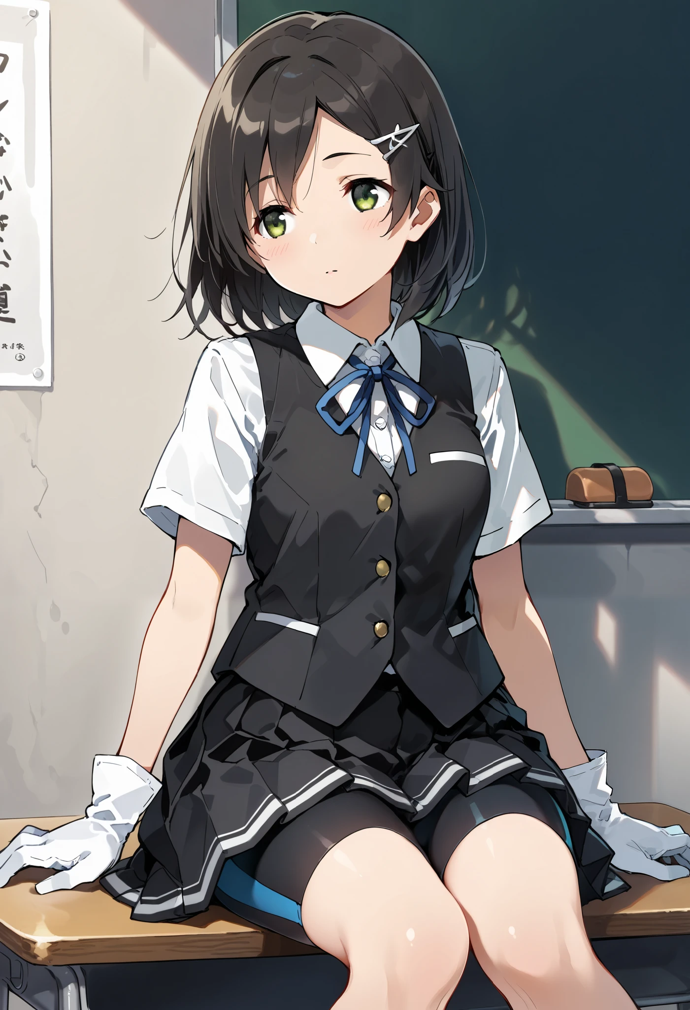 best quality , Masterpiece, high resolution, Alone, 1 girl,{kuroshio_kantaicollection:1.15}, green eyes,short hair, shirt, hair ornament, ribbon,school uniform, white shirt, short sleeves, pleated skirt, hairclip,white gloves, black skirt, medium hair,neck ribbon, black shorts, blue ribbon, black vest, shorts under skirt,
